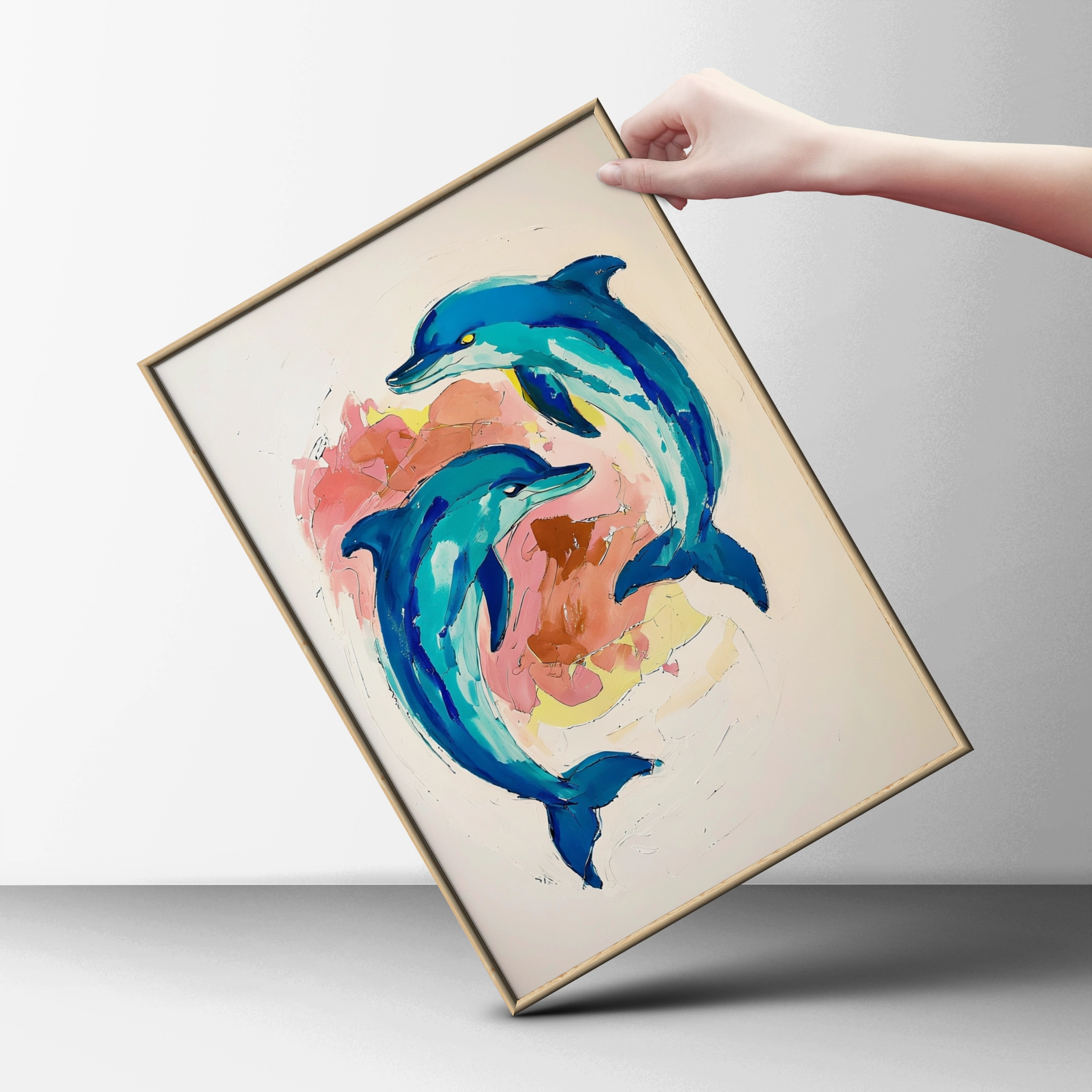 Dolphin Wall Art, Colourful Ocean Animal Poster, Teal Blue Painted Dolphins Print