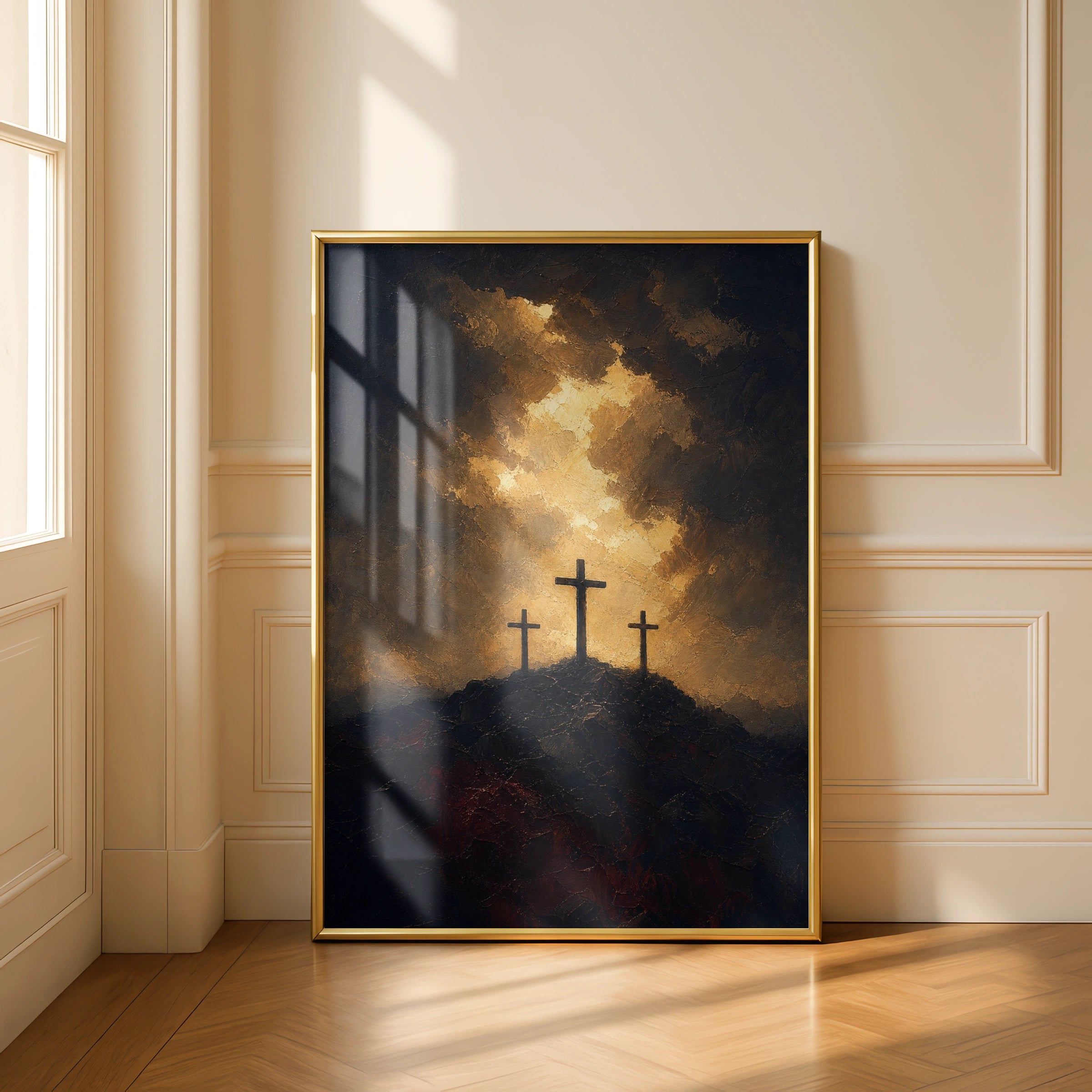 Three Crosses Calvary Wall Art, Crucifixion Poster, Christian Religious Print, Dark Dramatic Gold