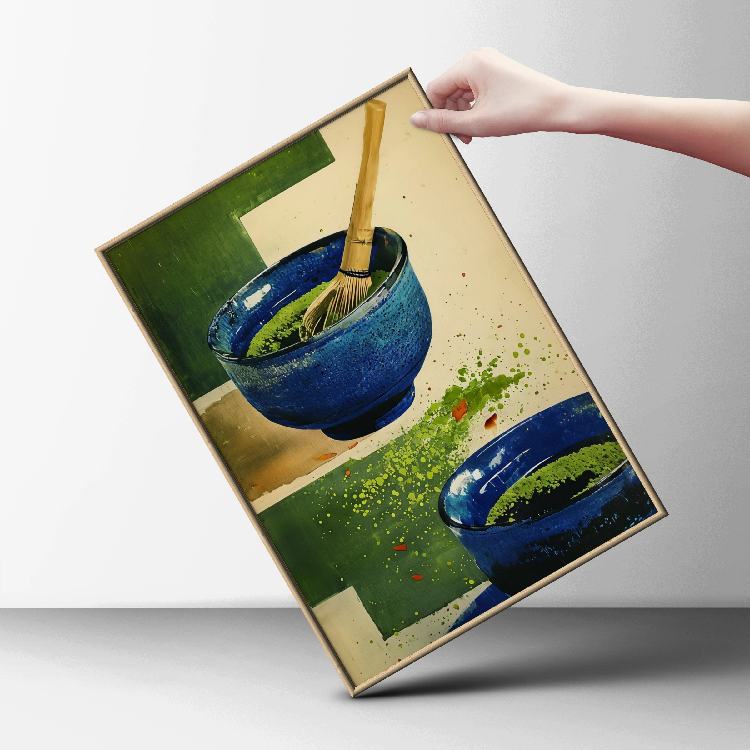 Matcha Tea Bowl Poster, Japanese Chawan Wall Art, Blue Green Kitchen Print