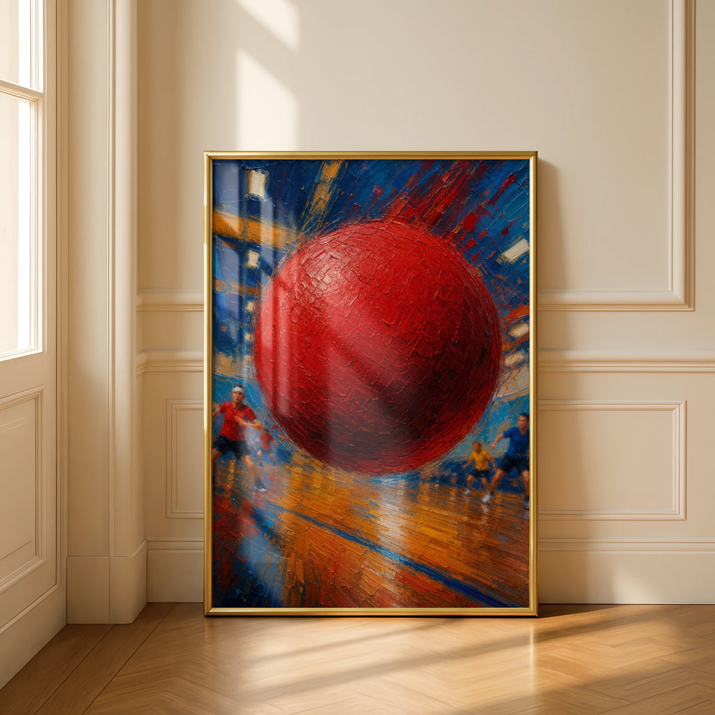 Dodgeball Art Poster, Red Ball Action Print, Sports Wall Art, Bold Oil Painting Style