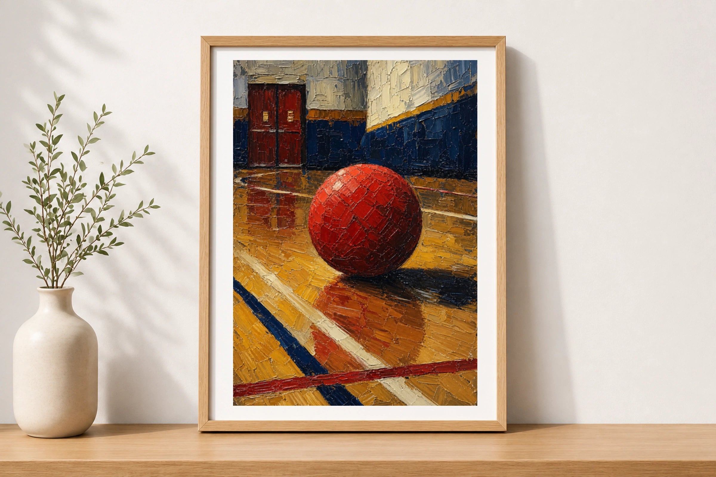 Dodgeball Gym Art Print, Red Ball School Gymnasium Poster, Impasto Style Sports Wall Art