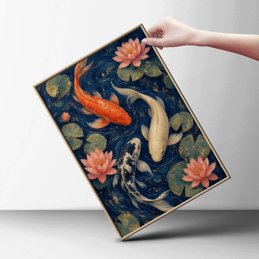 Koi Fish Lotus Pond Poster, Japanese Wall Art, Navy Blue Floral Fish Print