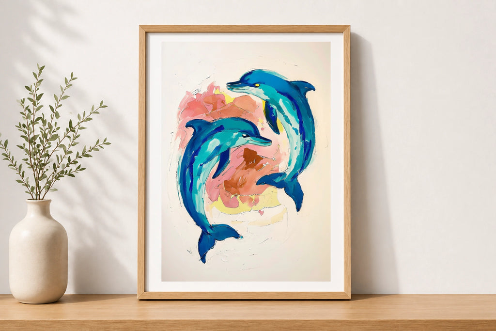 Dolphin Wall Art, Colourful Ocean Animal Poster, Teal Blue Painted Dolphins Print