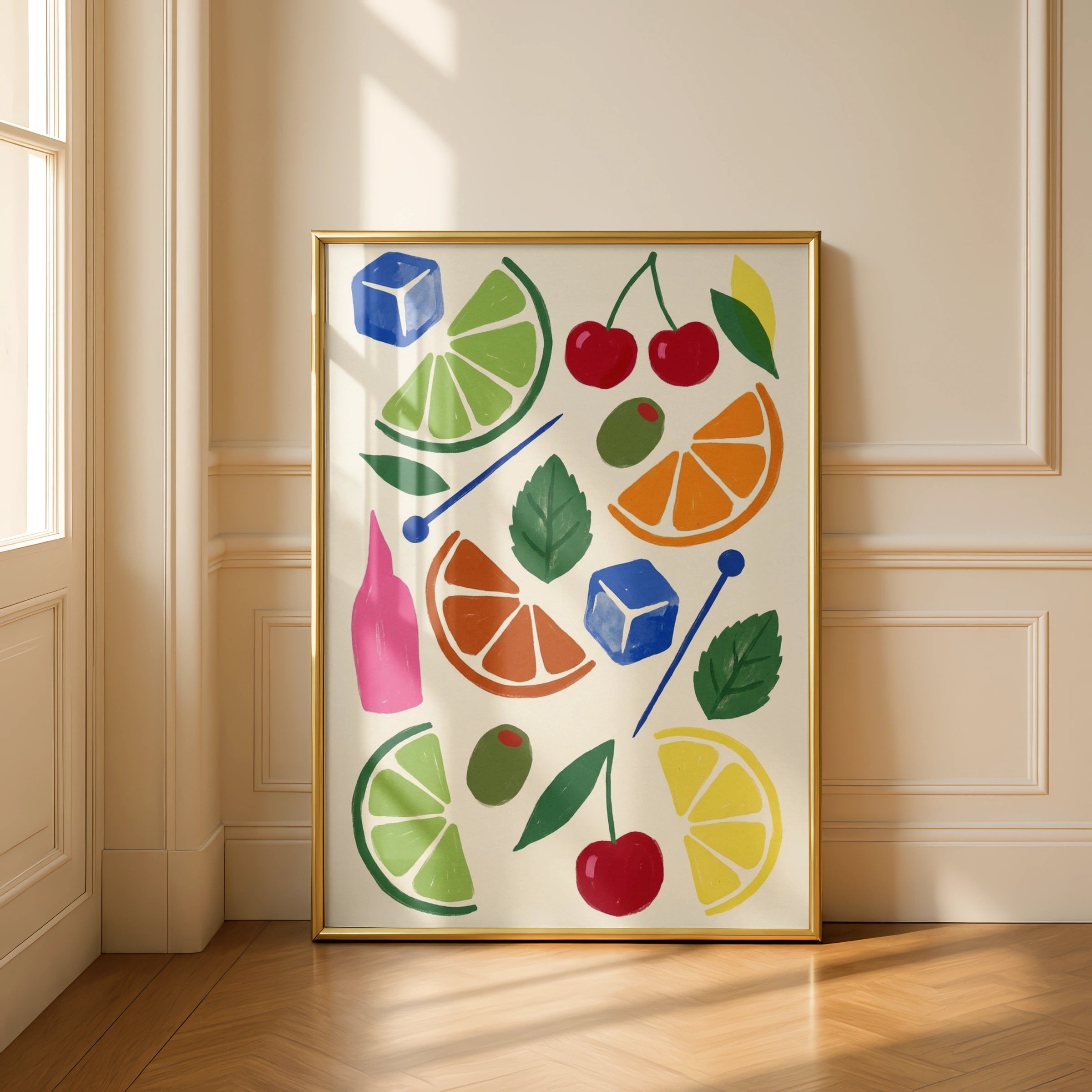 Cocktail Garnish Pattern Poster, Bar Cart Wall Art, Citrus Cherry Olive Print
