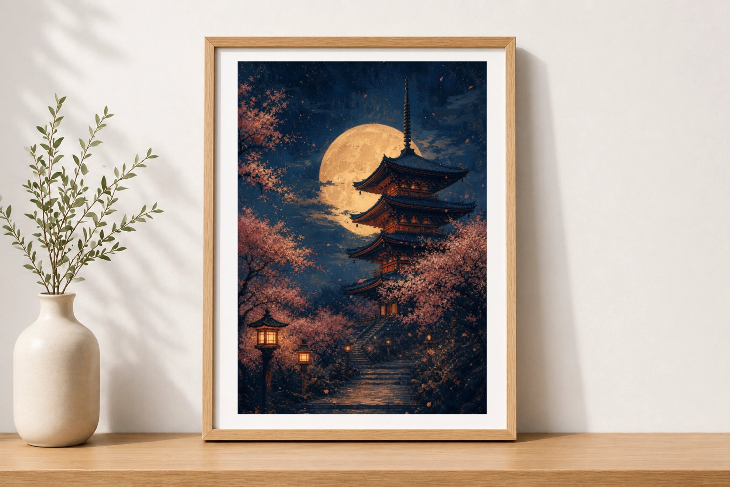 Japanese Pagoda Full Moon Poster, Cherry Blossom Night Wall Art, Sakura Print