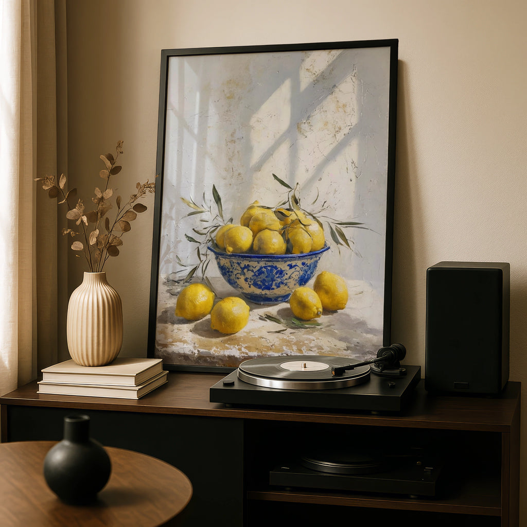 Mediterranean Lemon Bowl Poster, Blue White Ceramic Still Life Kitchen Wall Art