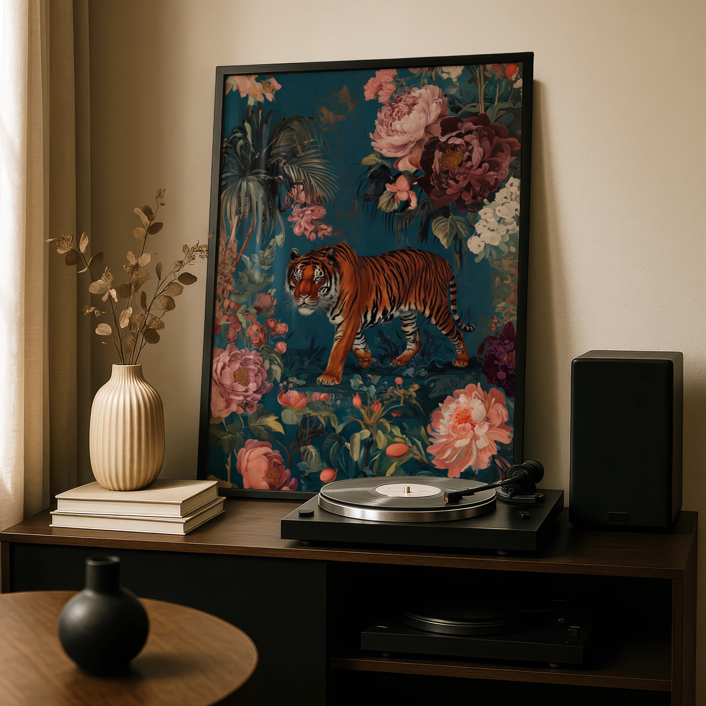 Tiger Botanical Wall Art, Maximalist Floral Tiger Poster, Teal Jungle Animal Print