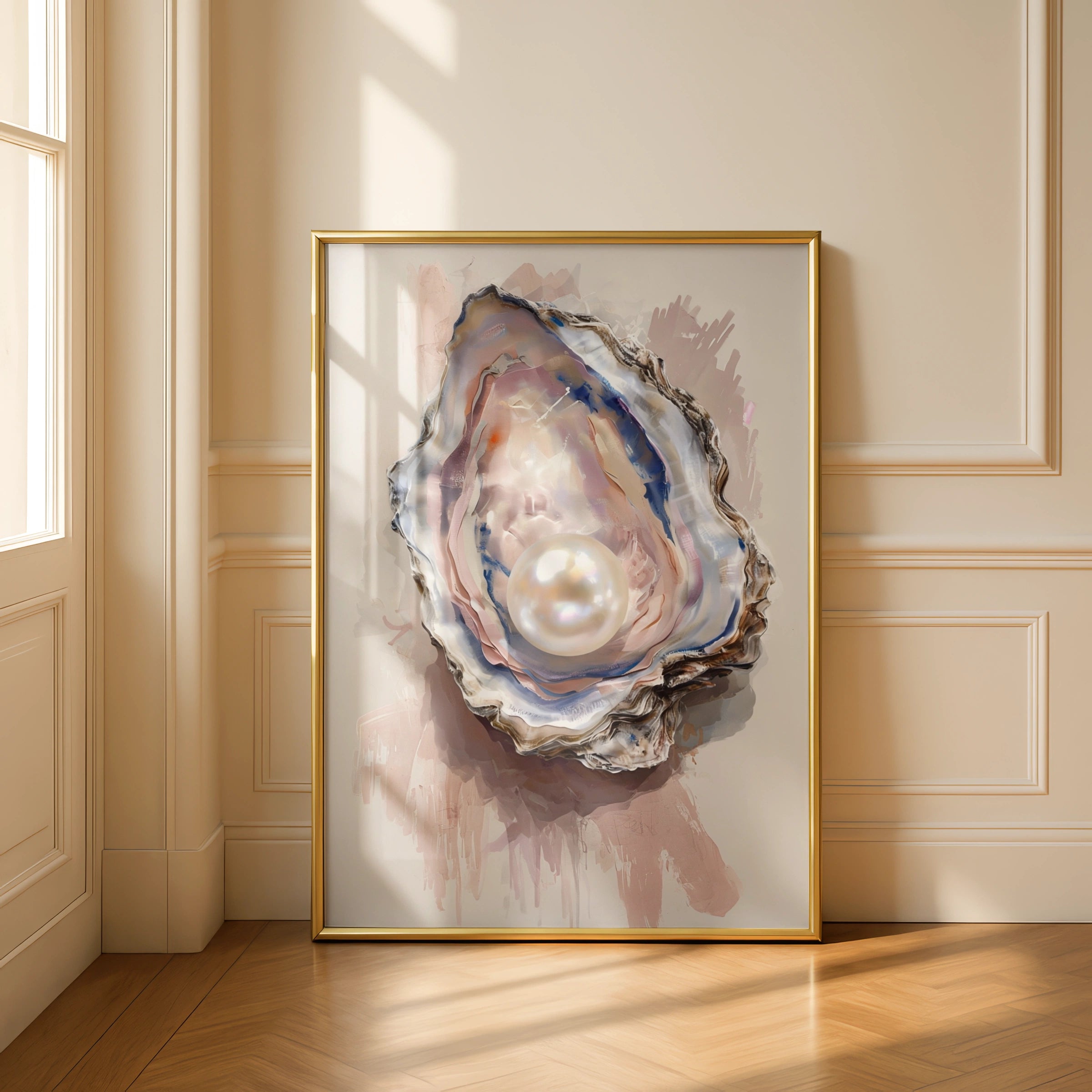 Oyster Pearl Poster, Coastal Wall Art, Blush Pink Navy Watercolour Shell Print, Ocean
