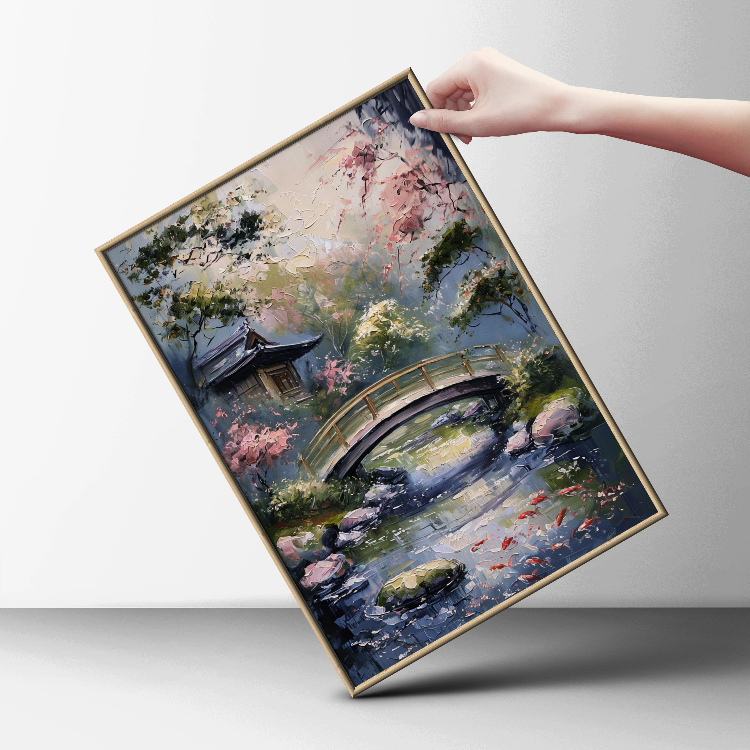 Japanese Garden Koi Pond Poster, Bridge Blossom Wall Art, Zen Nature Print