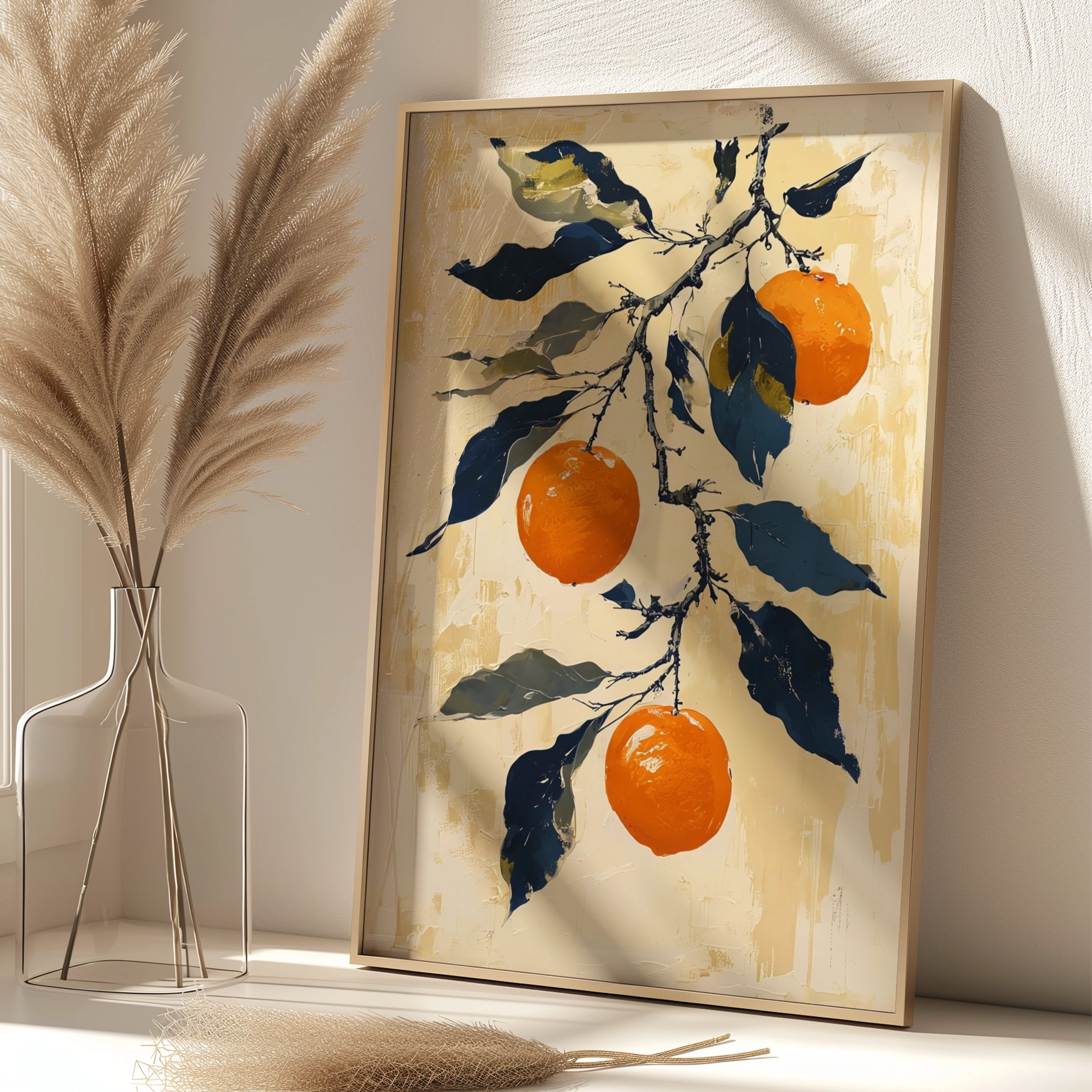 Japanese Orange Branch Poster, Citrus Wall Art, Navy Blue Botanical Print, Kitchen Decor