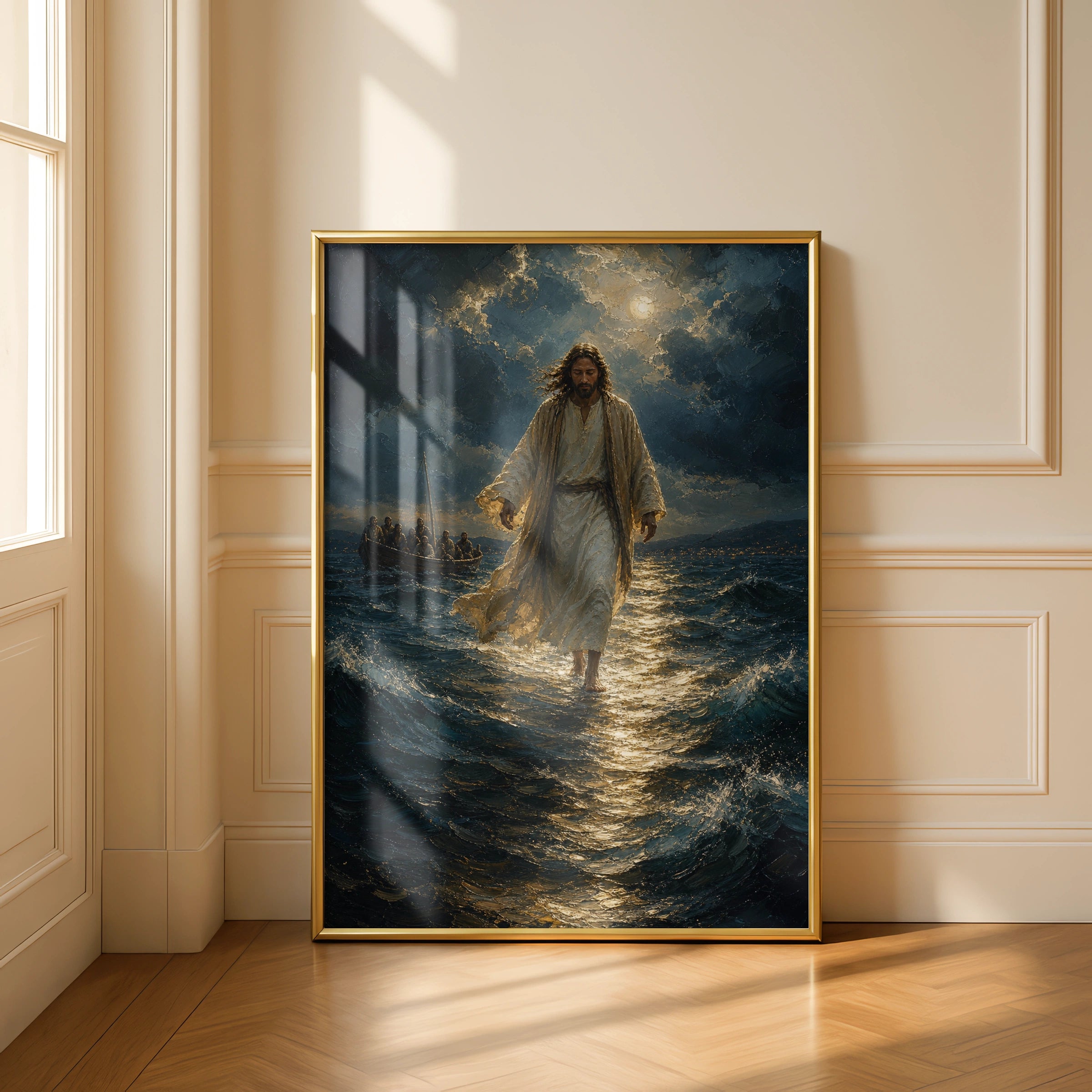 Jesus Walks on Water Poster, Biblical Miracle Wall Art, Christian Faith Print, Stormy Sea