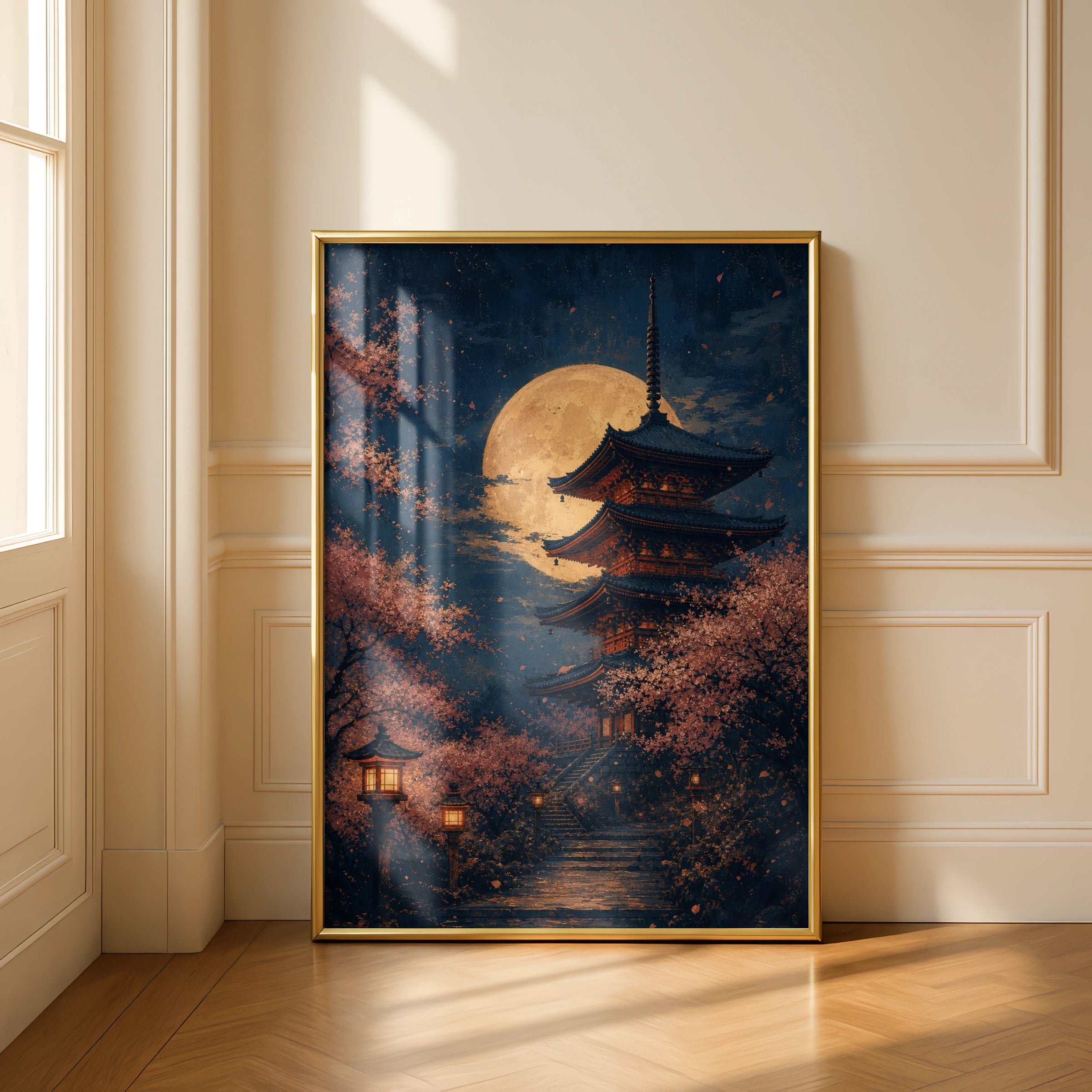 Japanese Pagoda Full Moon Poster, Cherry Blossom Night Wall Art, Sakura Print