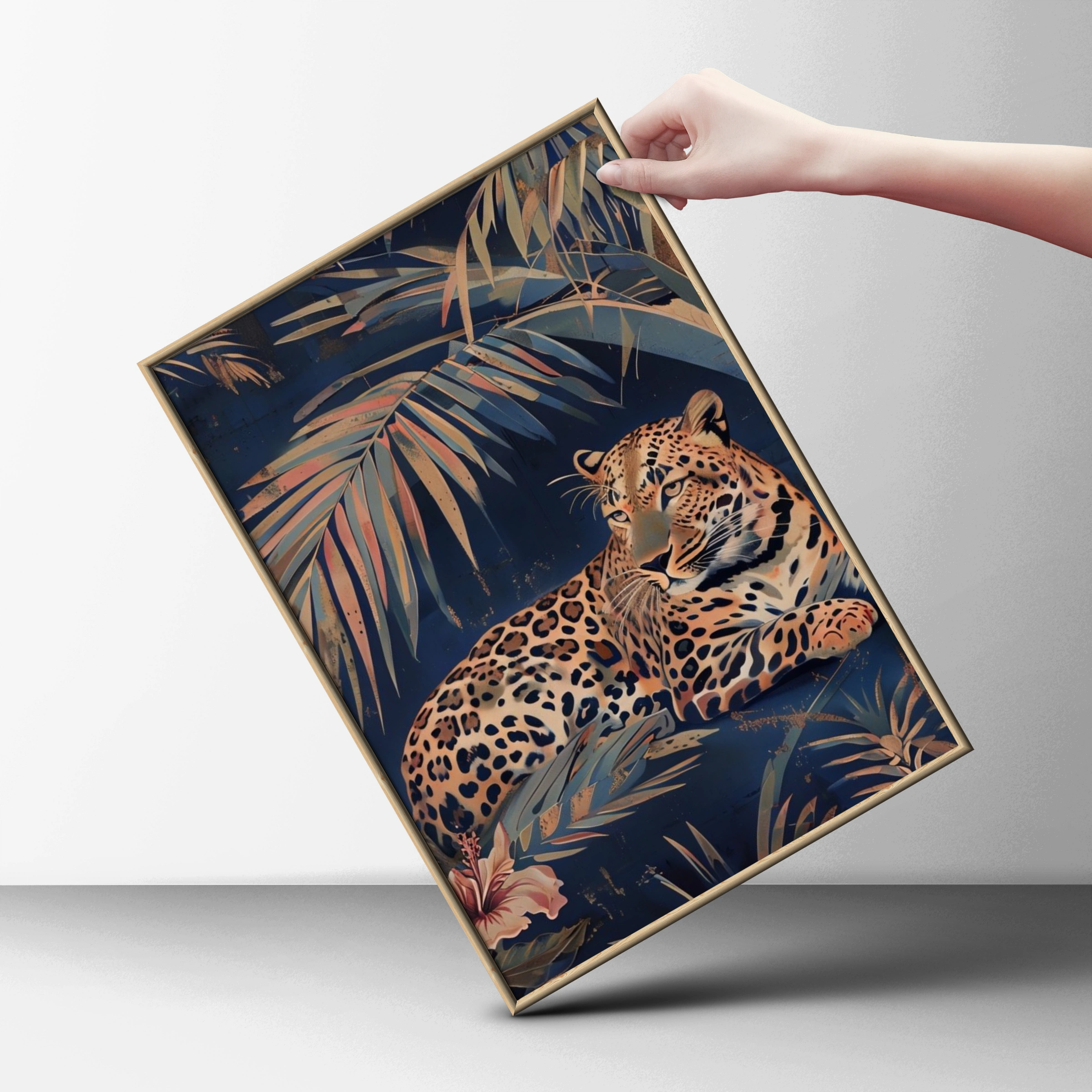 Tropical Leopard Palm Leaf Poster, Navy Blue Jungle Cat Wall Art, Botanical Animal Print