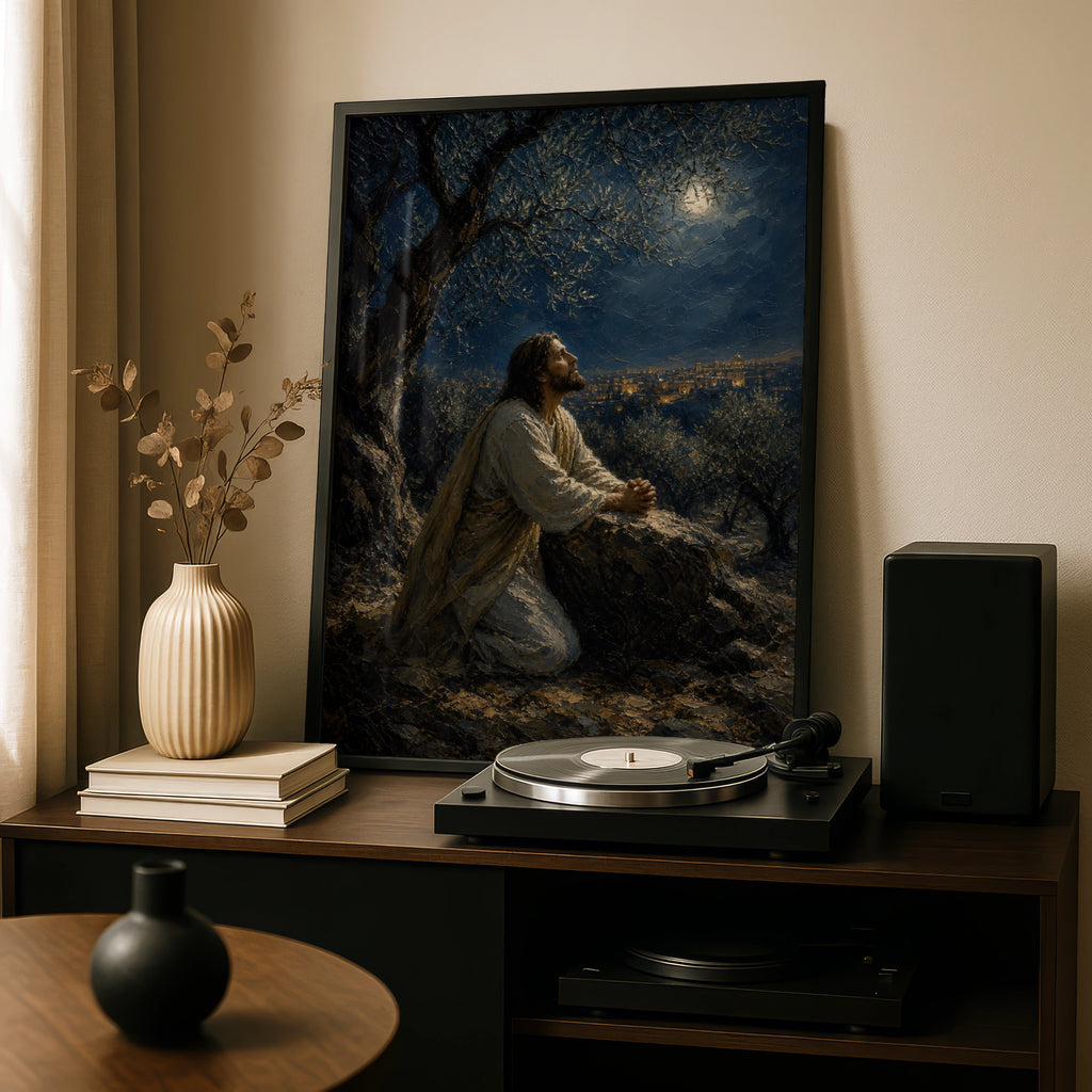 Jesus Praying in Gethsemane Poster, Christian Wall Art, Biblical Oil Painting Print