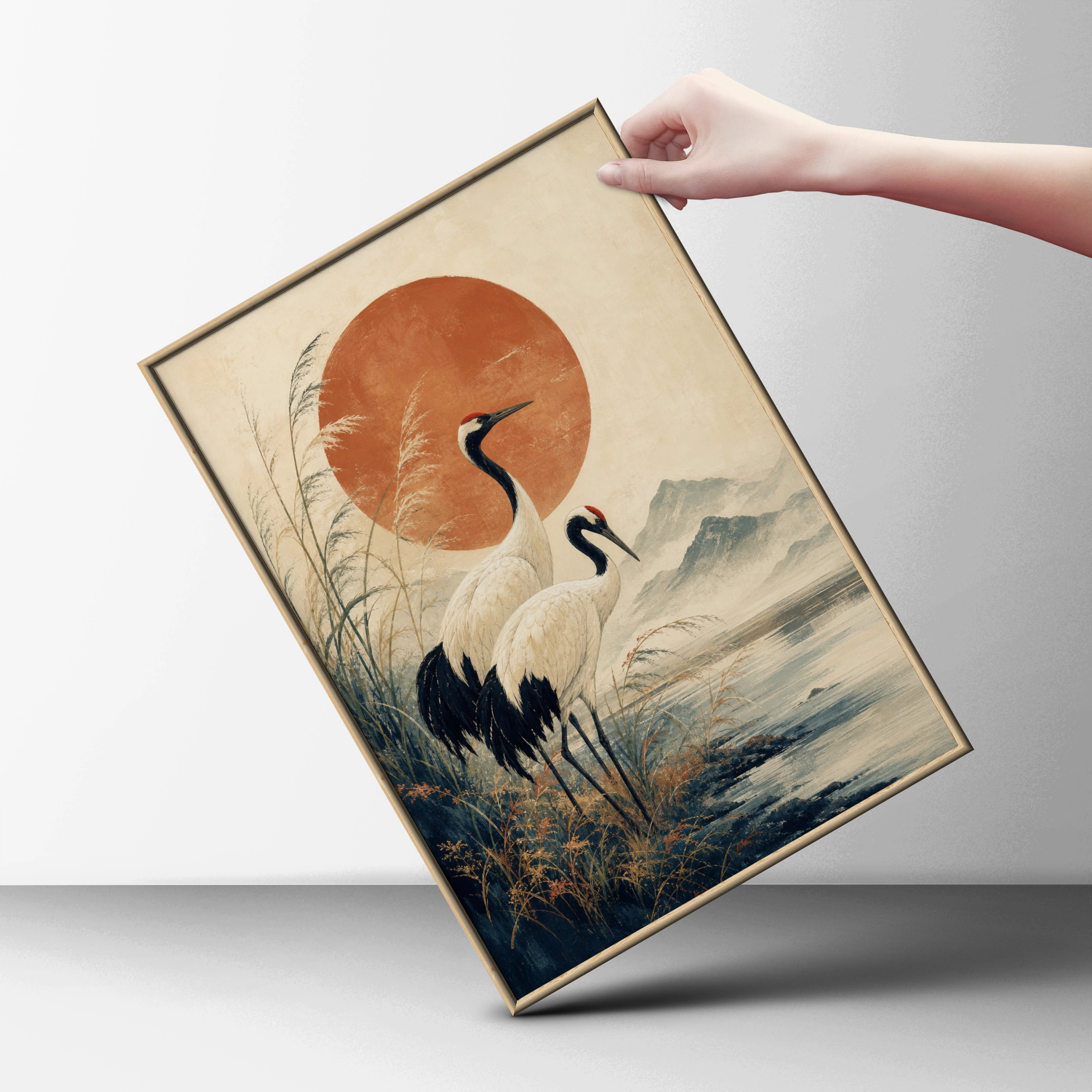 Japanese Crane Poster, Red Sun Wall Art, Woodblock Style Bird Print, Zen Home Decor