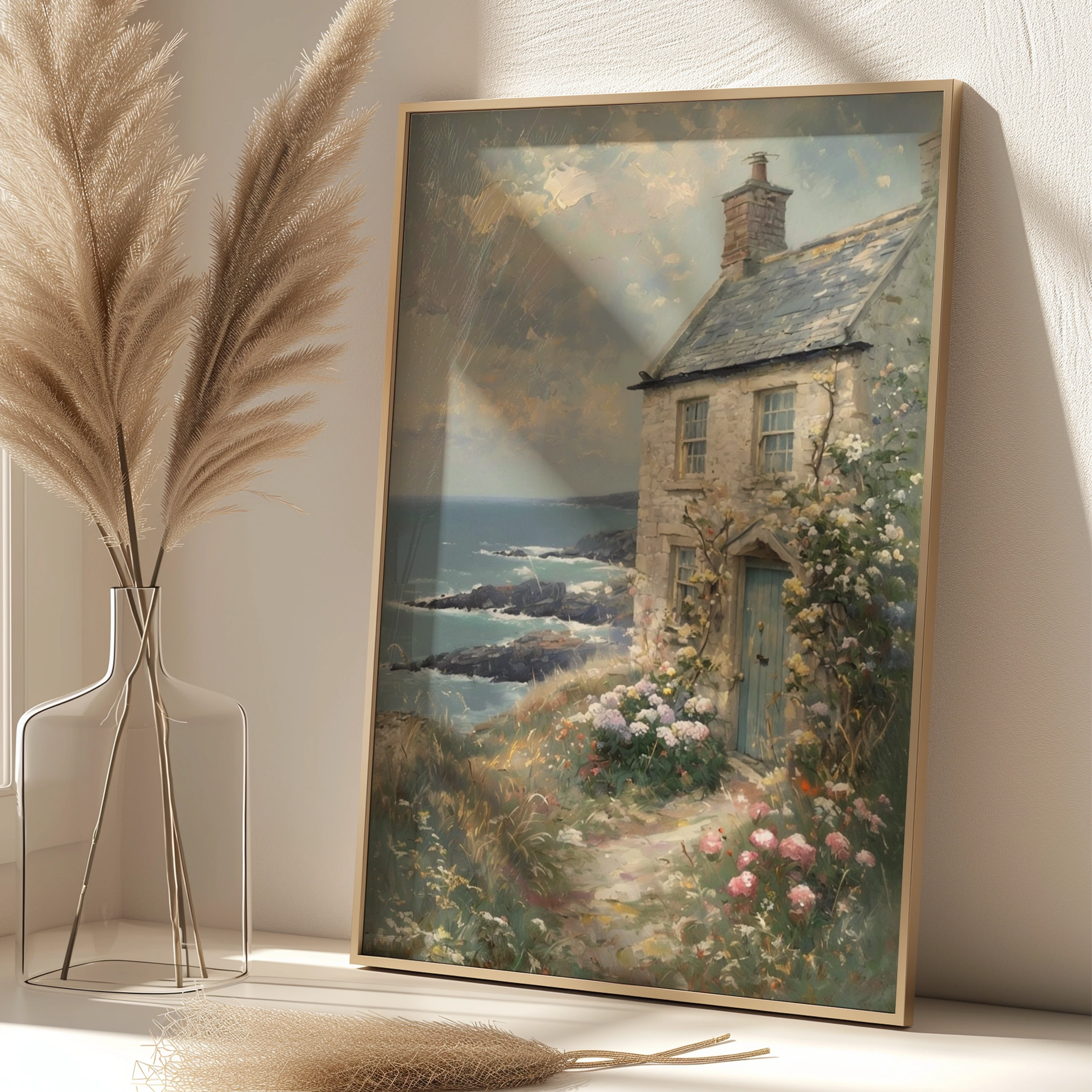 Coastal Cottage Garden Poster, Seaside Stone Cottage Wall Art, Floral Cliff Print