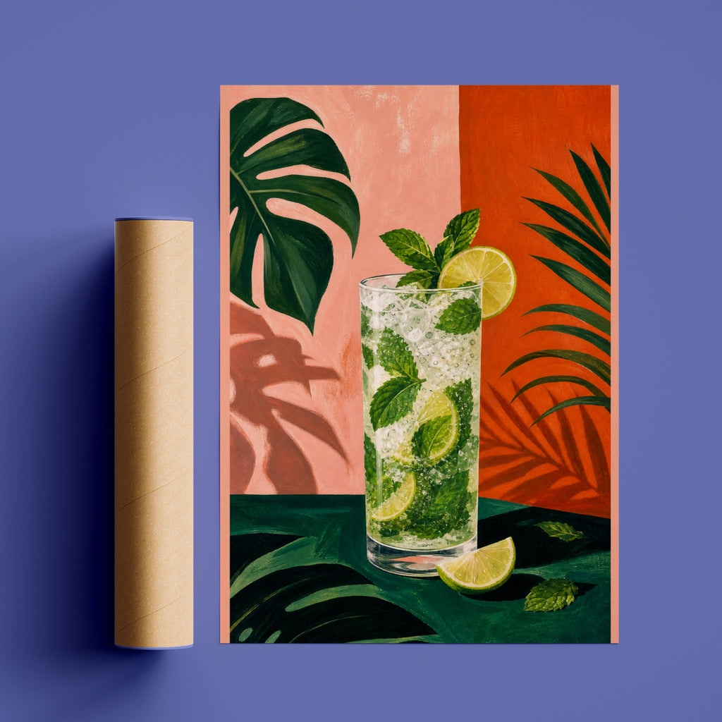 Tropical Mojito Cocktail Poster, Bar Cart Wall Art, Bold Colourful Kitchen Print