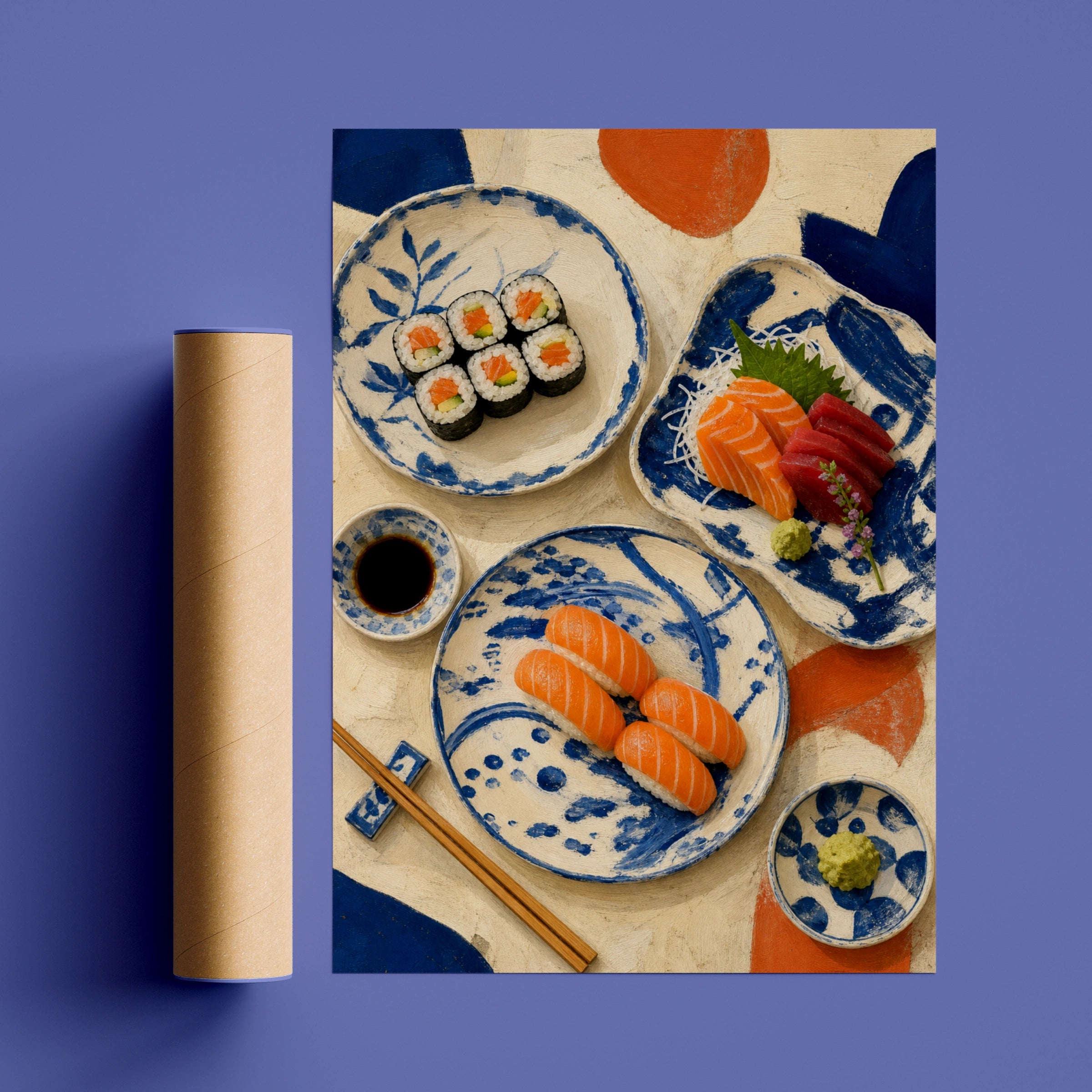Japanese Sushi Still Life Poster, Salmon Sashimi Wall Art, Blue Ceramic Kitchen Print