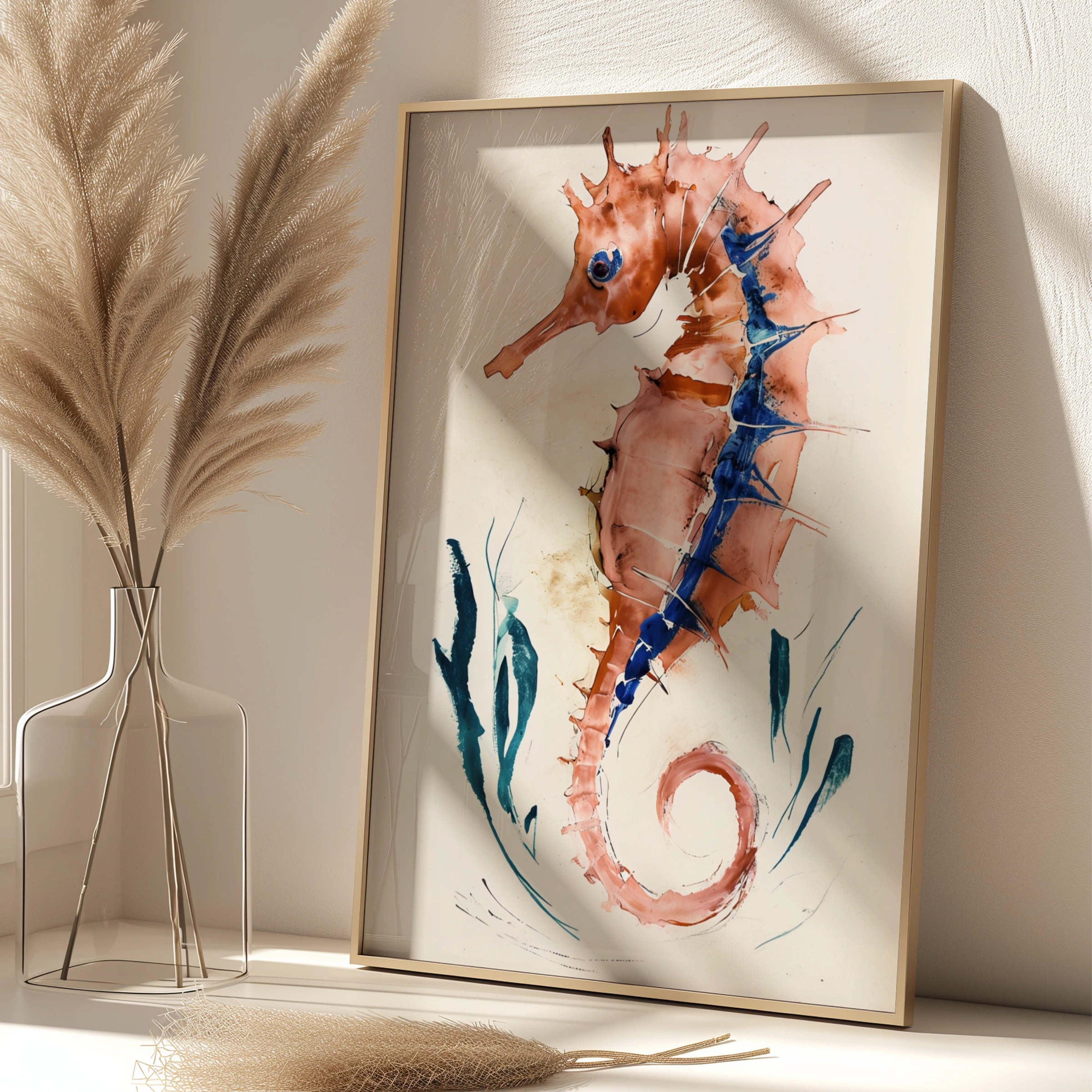 Abstract Seahorse Poster, Watercolour Ocean Wall Art, Terracotta Blue Coastal Print