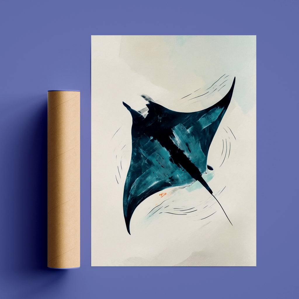 Abstract Manta Ray Poster, Ocean Wall Art, Teal Navy Blue Minimalist Print, Sea Life Decor