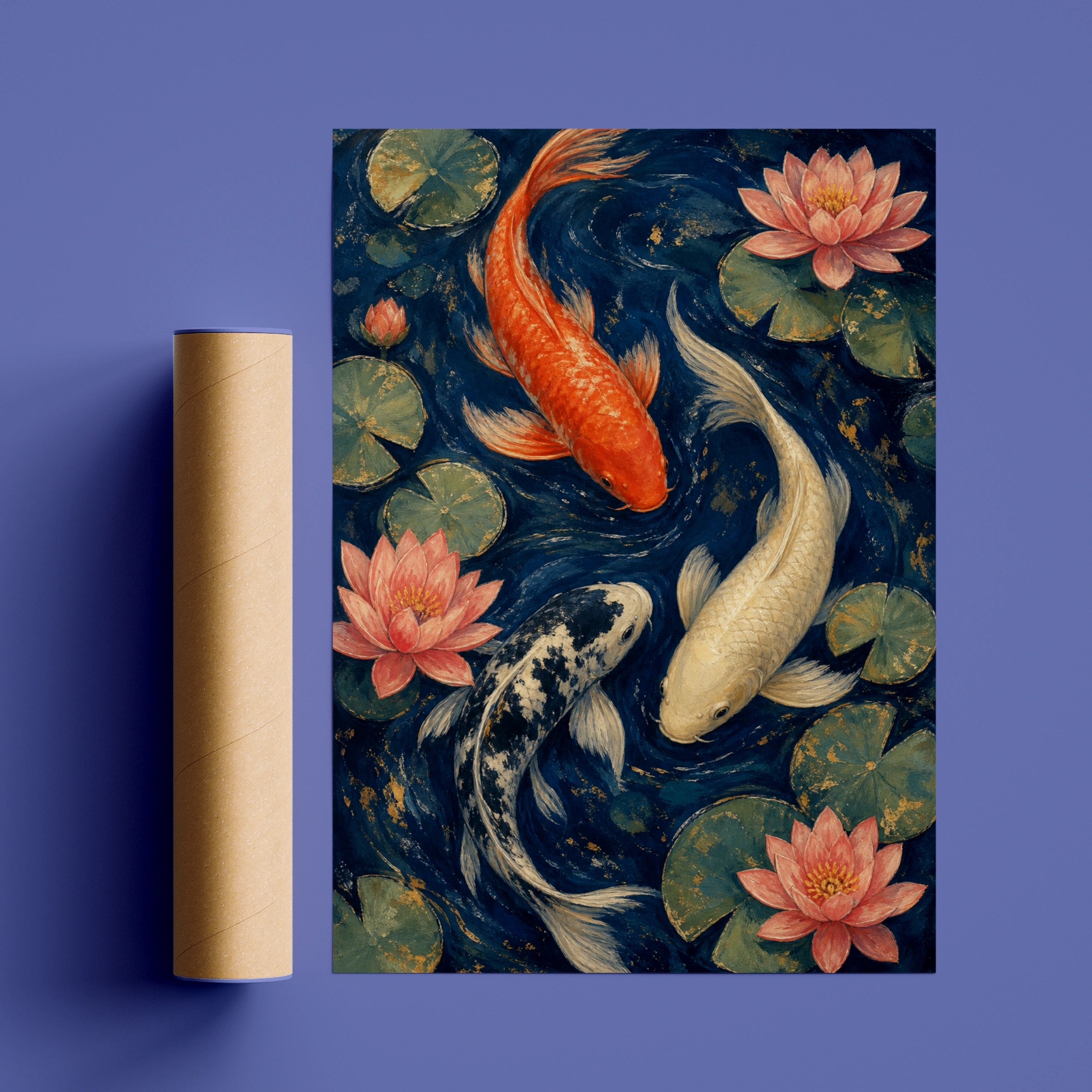 Koi Fish Lotus Pond Poster, Japanese Wall Art, Navy Blue Floral Fish Print