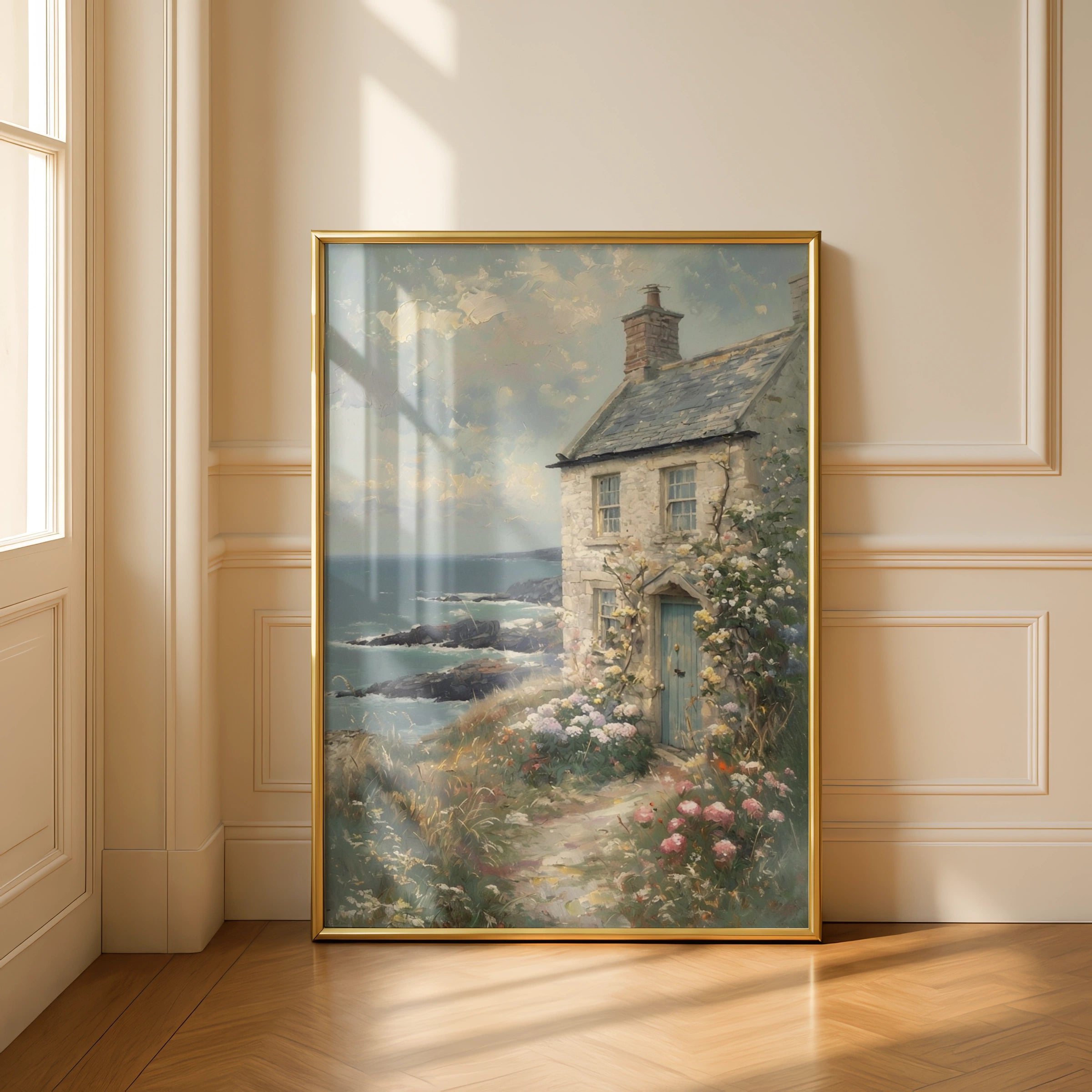 Coastal Cottage Garden Poster, Seaside Stone Cottage Wall Art, Floral Cliff Print