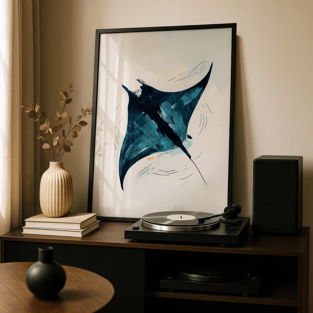 Abstract Manta Ray Poster, Ocean Wall Art, Teal Navy Blue Minimalist Print, Sea Life Decor