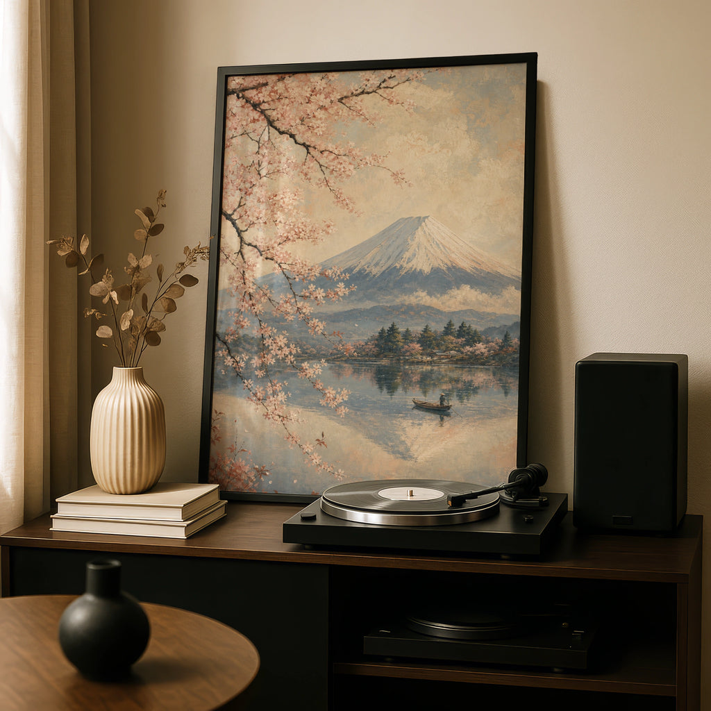 Mount Fuji Cherry Blossom Poster, Japanese Wall Art, Vintage Sakura Lake Print