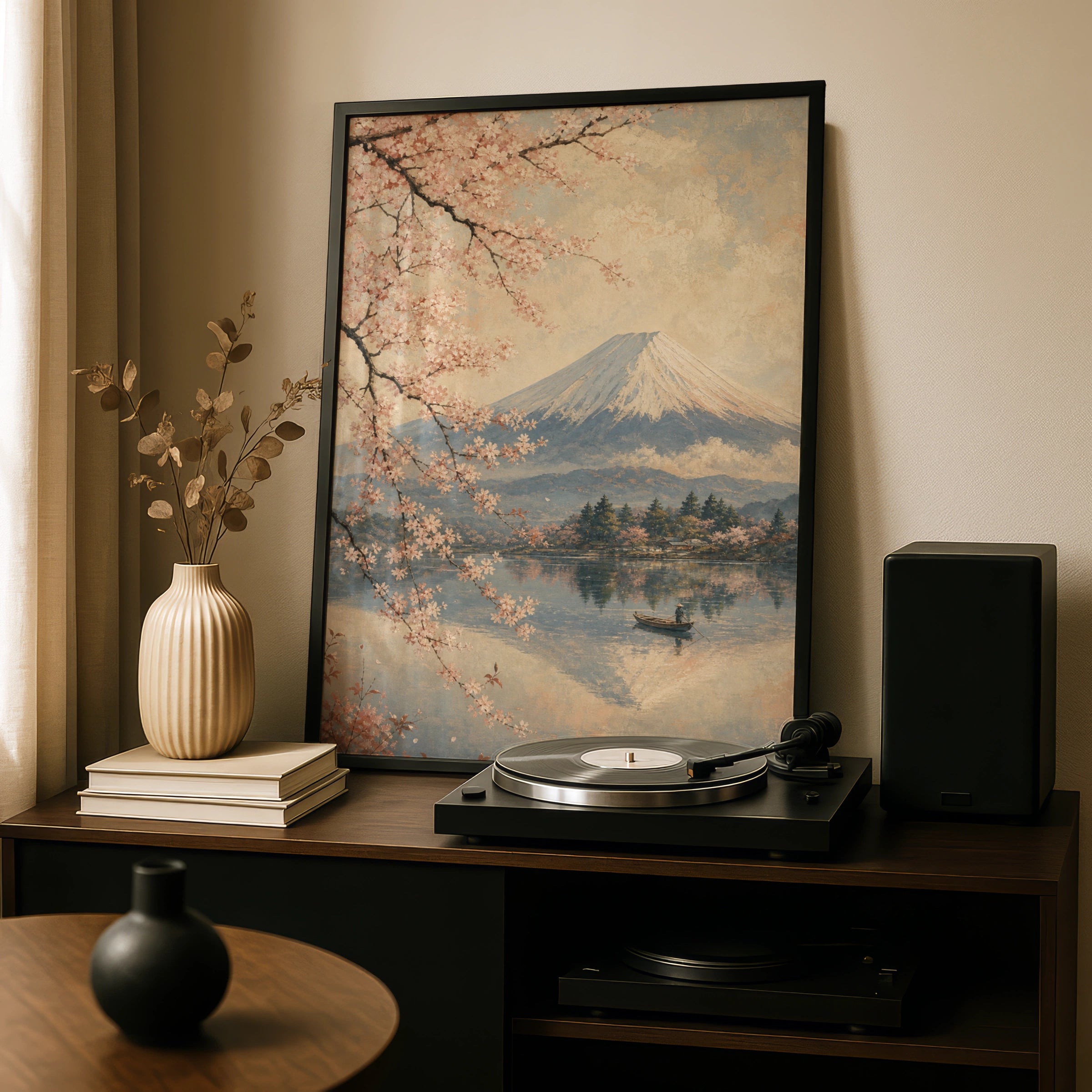 Mount Fuji Cherry Blossom Poster, Japanese Wall Art, Vintage Sakura Lake Print