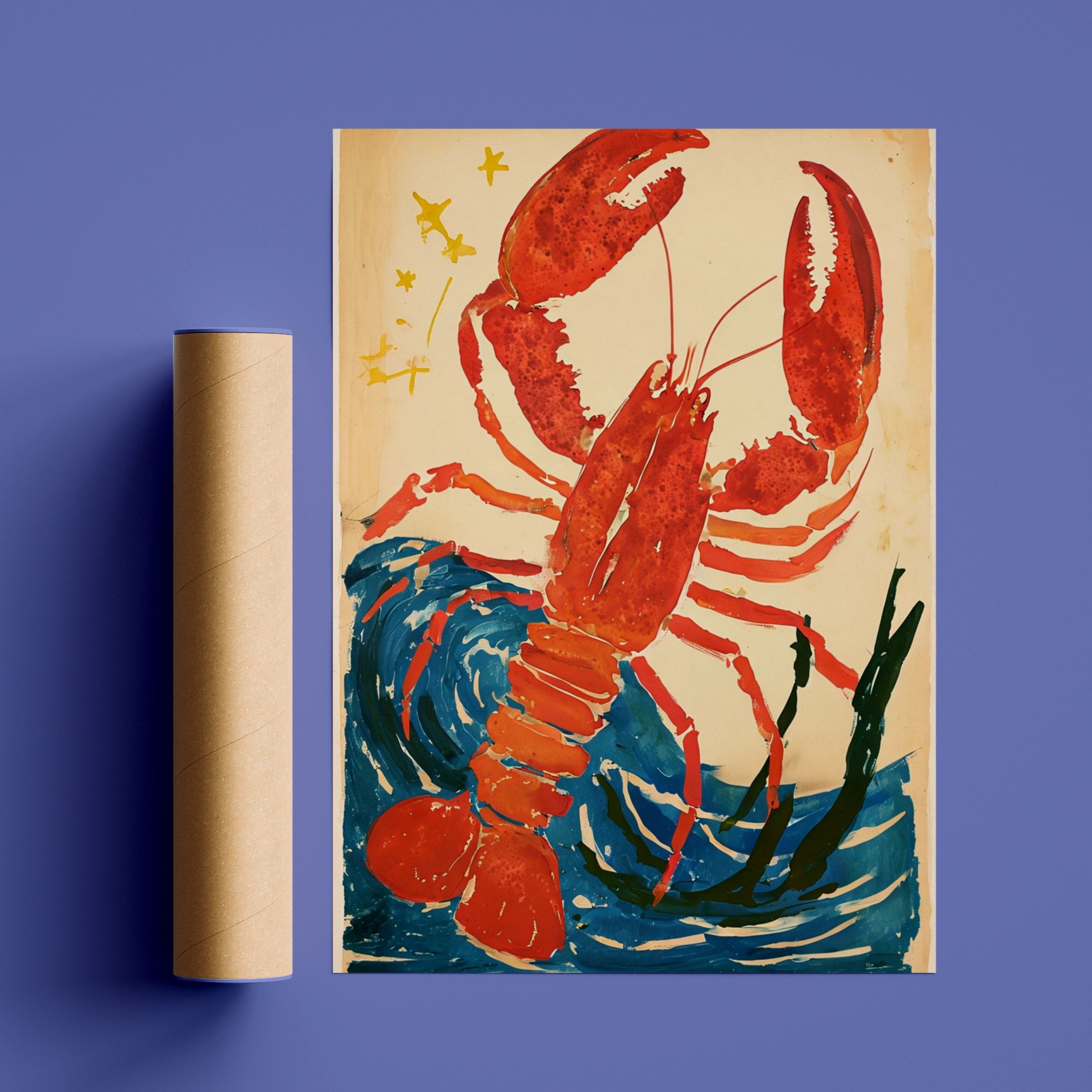 Abstract Lobster Poster, Red Lobster Wall Art, Vintage Ocean Print, Coastal Sea Creature Decor