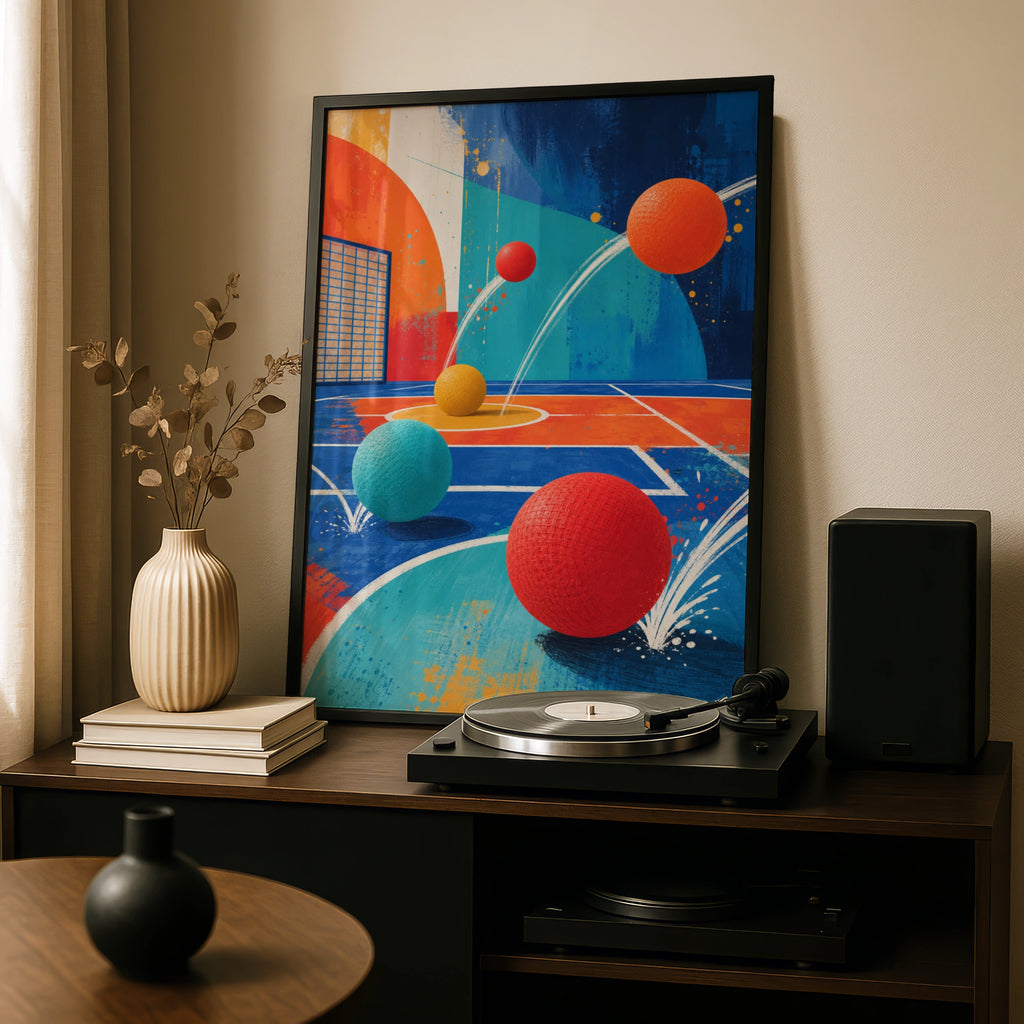 Colourful Dodgeball Court Abstract Art Poster, Sports Wall Art, Bold Retro Print