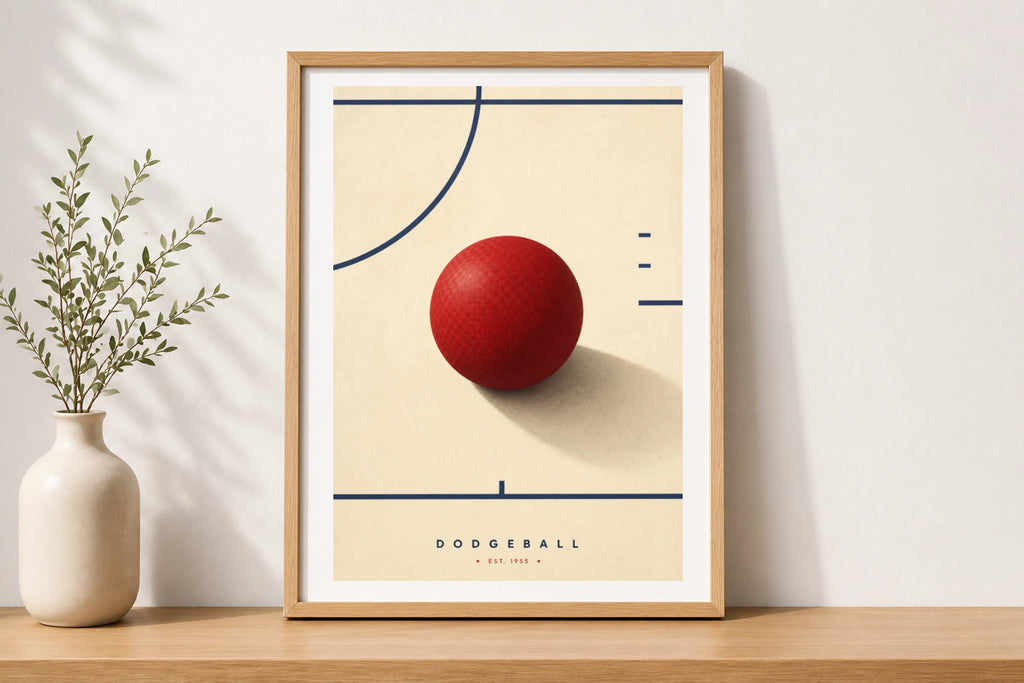 Minimalist Dodgeball Poster, Red Ball Sports Wall Art, Retro Gym Print, Navy Cream Decor