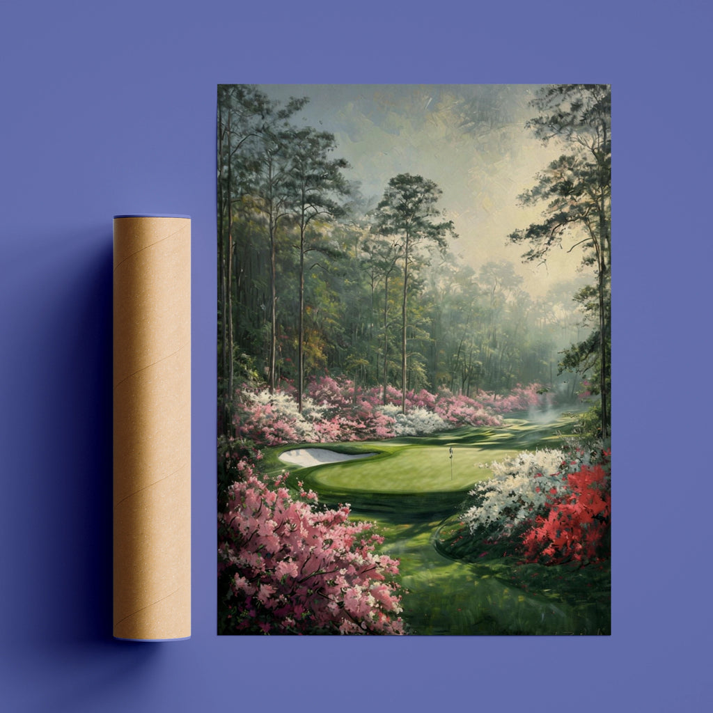 Floral Golf Course Painting Poster, Azalea Green Art Print, Golf Wall Art Gift