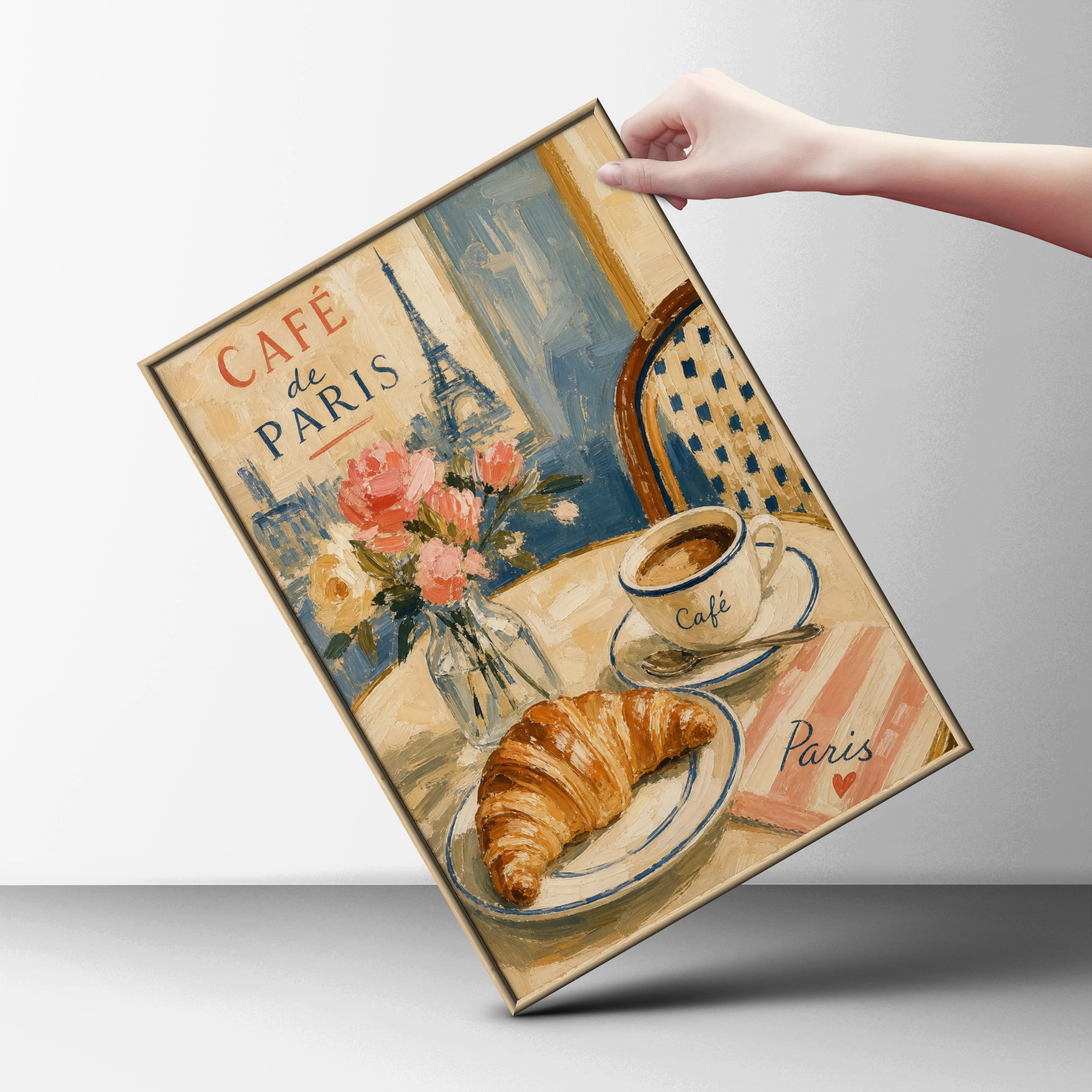 Paris Cafe Poster, Croissant Eiffel Tower Wall Art, French Bistro Print, Kitchen Decor