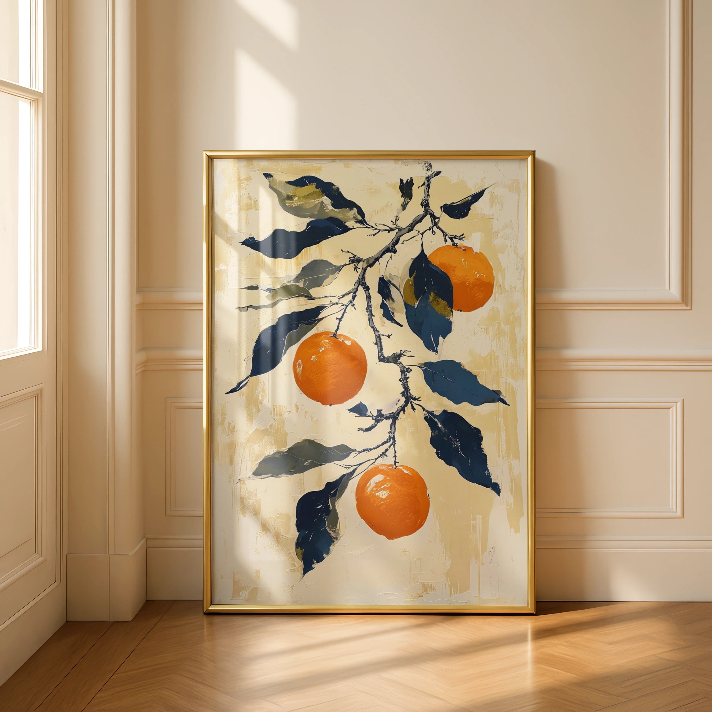 Japanese Orange Branch Poster, Citrus Wall Art, Navy Blue Botanical Print, Kitchen Decor