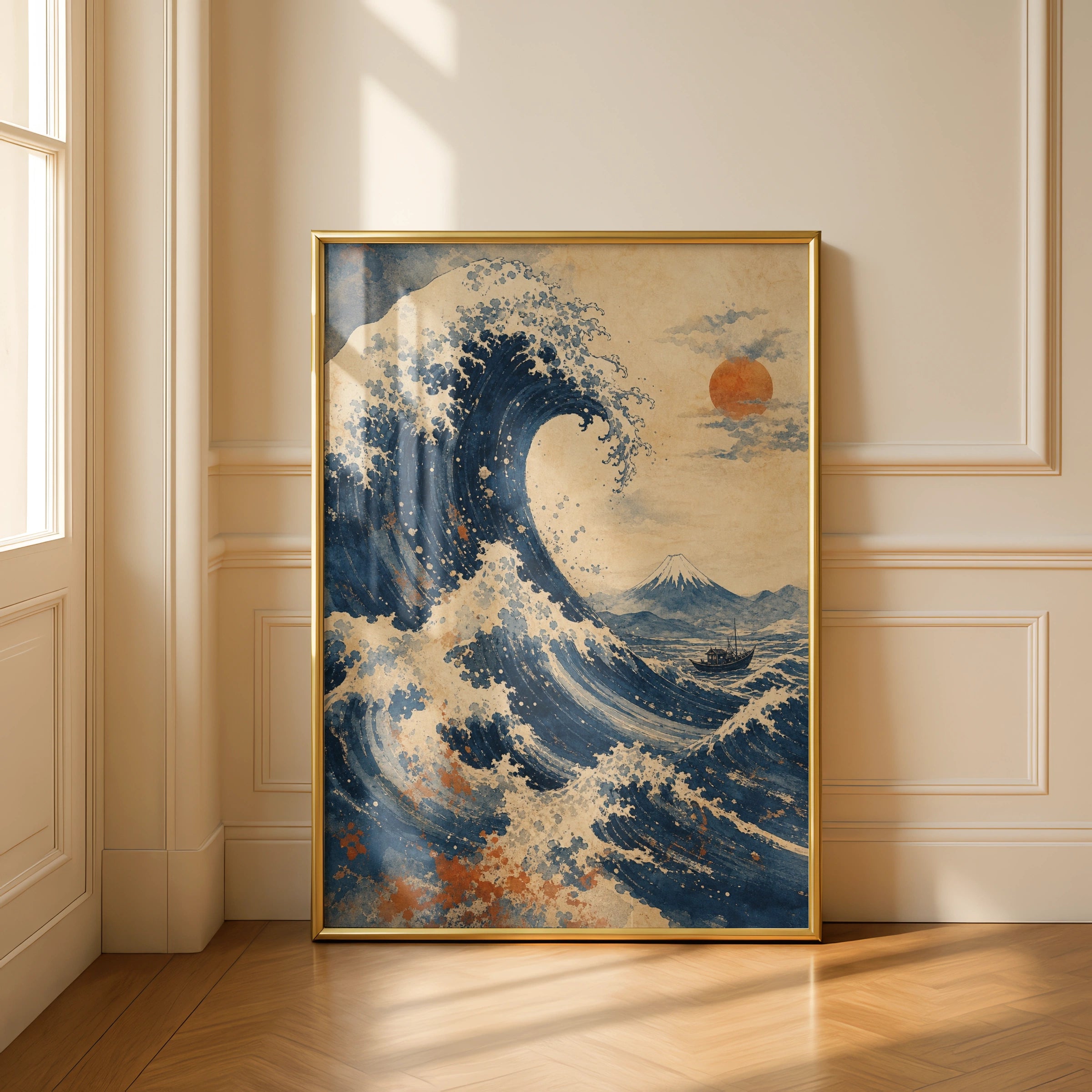 Great Wave Mount Fuji Poster, Japanese Woodblock Style Wall Art, Navy Blue Ocean Print