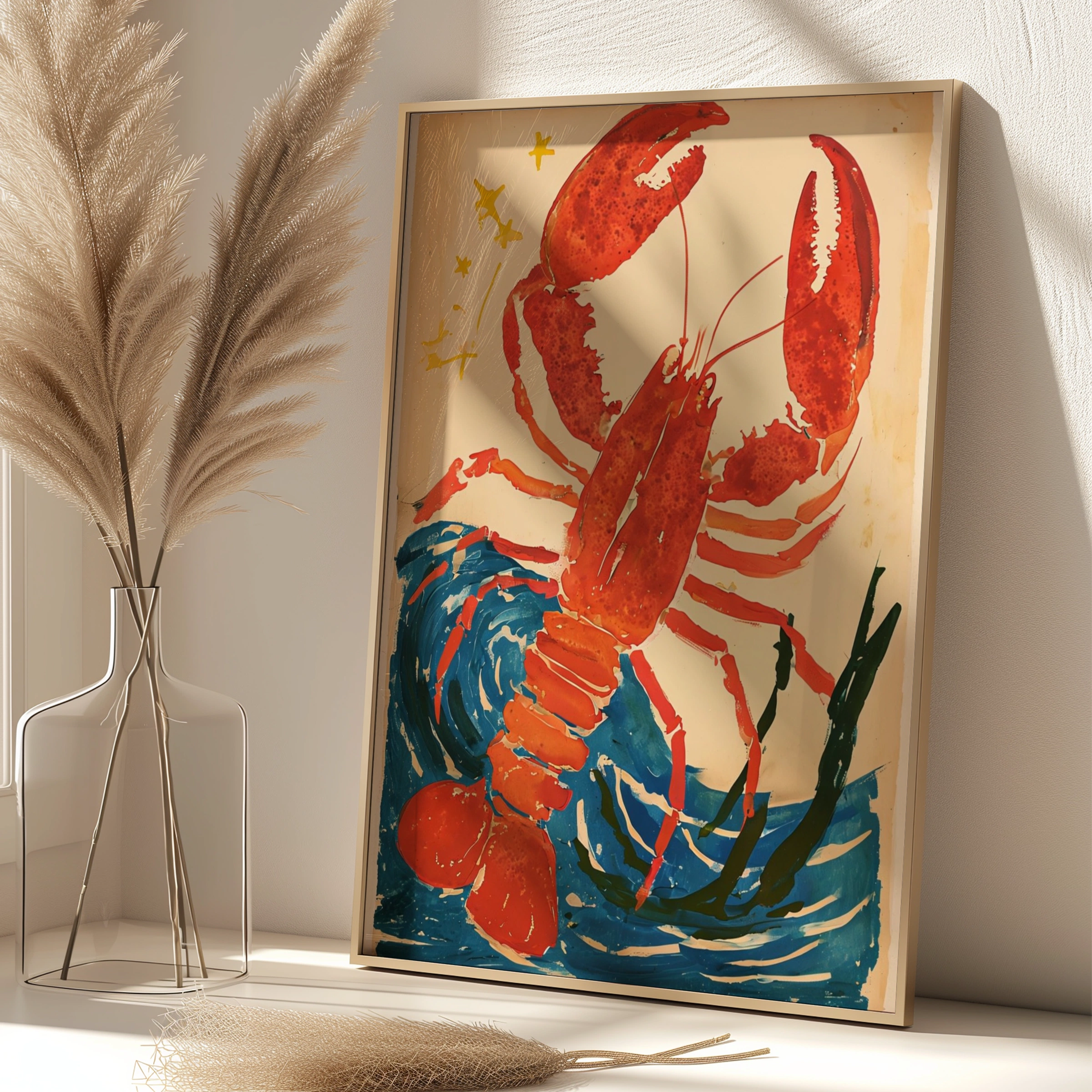 Abstract Lobster Poster, Red Lobster Wall Art, Vintage Ocean Print, Coastal Sea Creature Decor