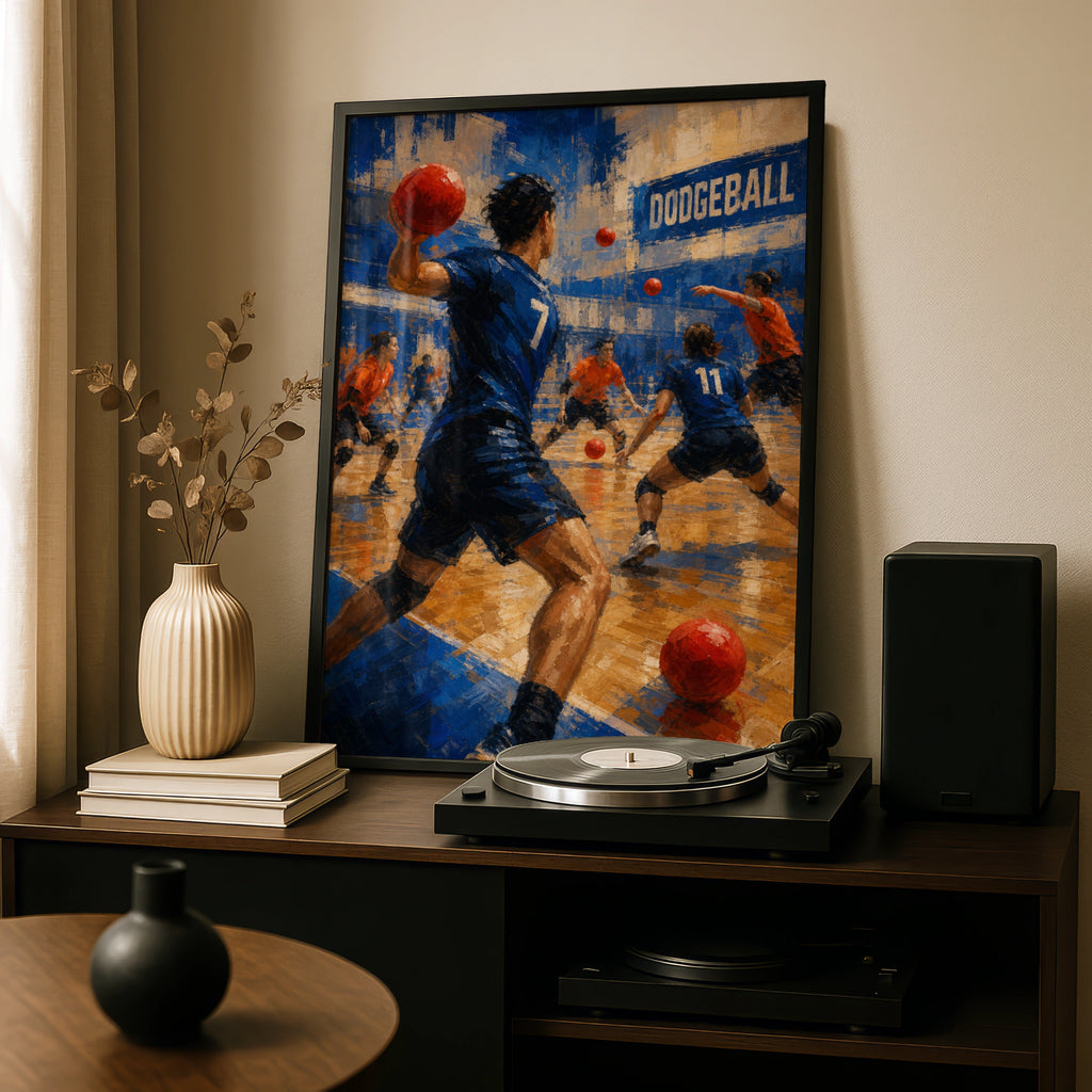 Dodgeball Team Match Poster, Sports Wall Art, Blue Orange Gym Print, Action