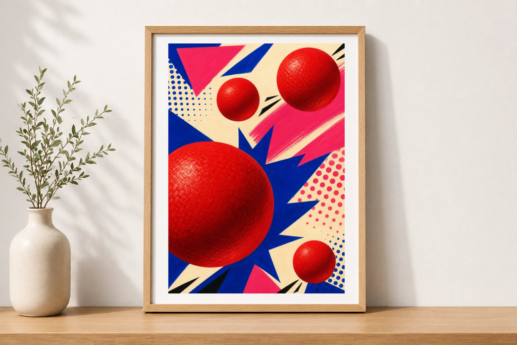 Pop Art Dodgeball Poster, Retro Red Ball Wall Art, Bold Colourful Sports Print