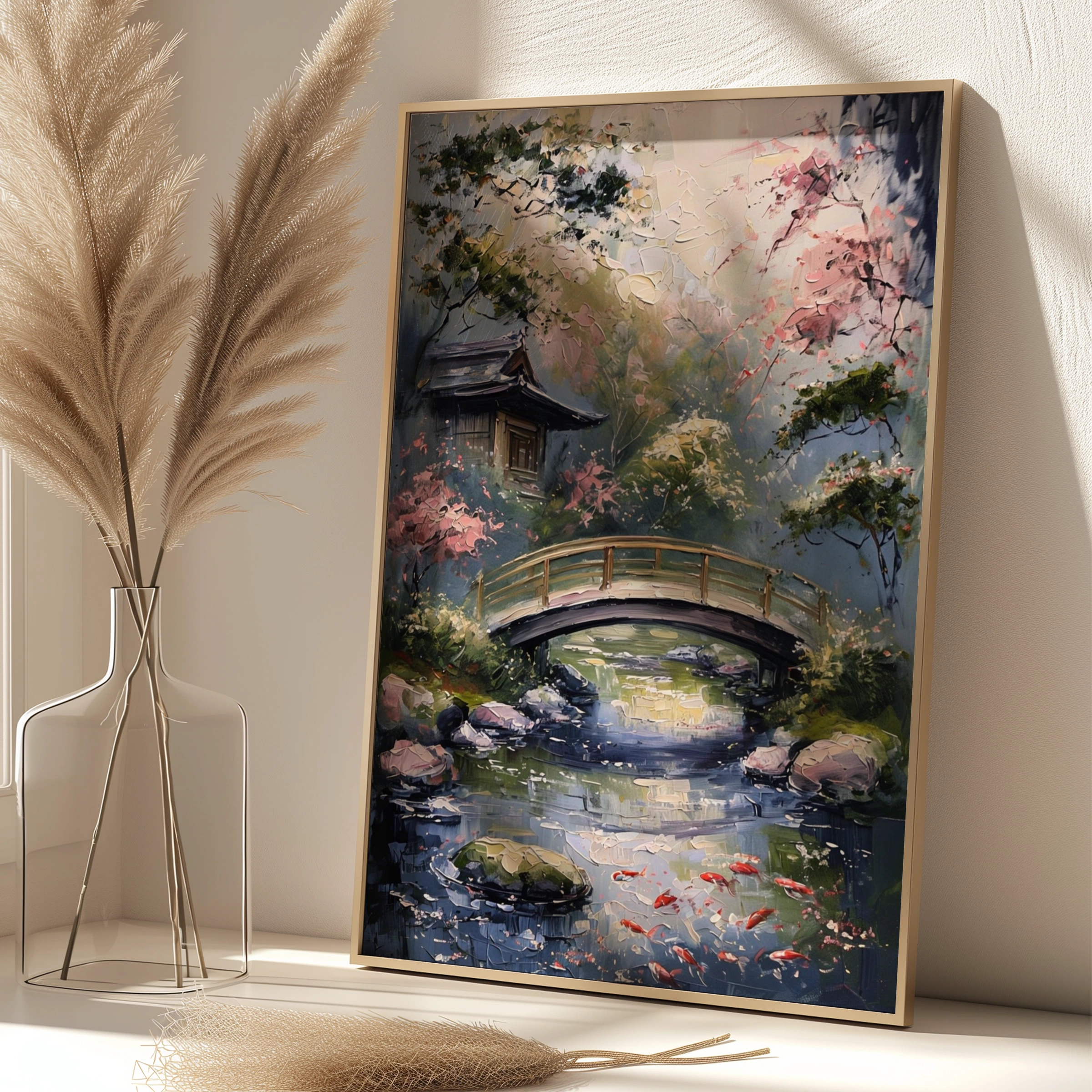Japanese Garden Koi Pond Poster, Bridge Blossom Wall Art, Zen Nature Print