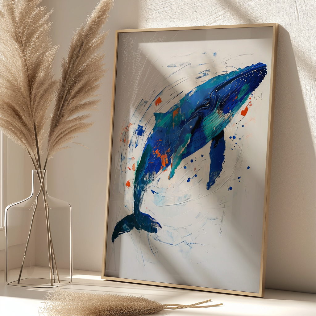 Abstract Blue Whale Poster, Ocean Animal Wall Art, Expressive Nautical Print, Teal Navy