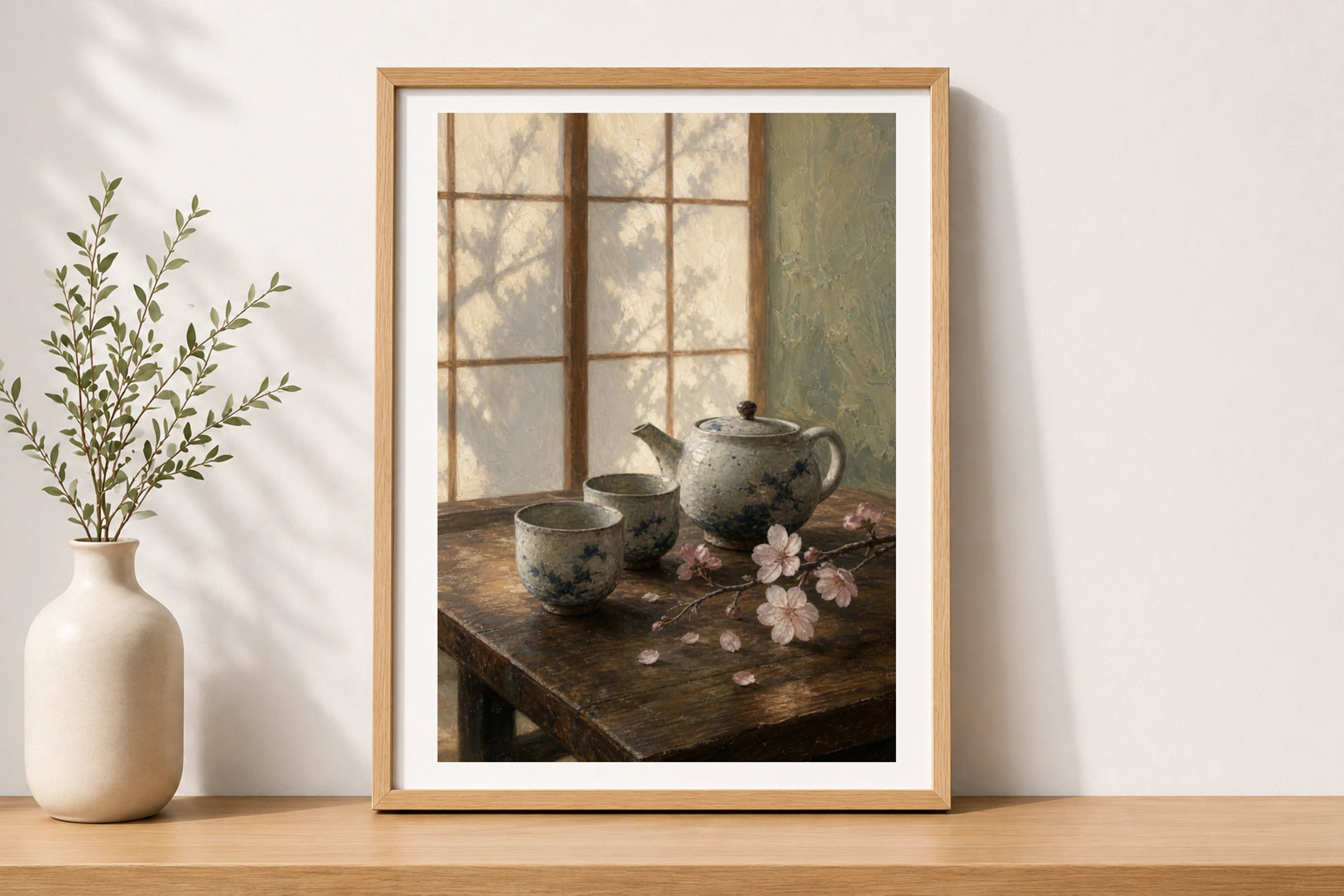 Japanese Teapot Cherry Blossom Still Life Wall Art, Zen Tea Poster, Calm Kitchen Decor