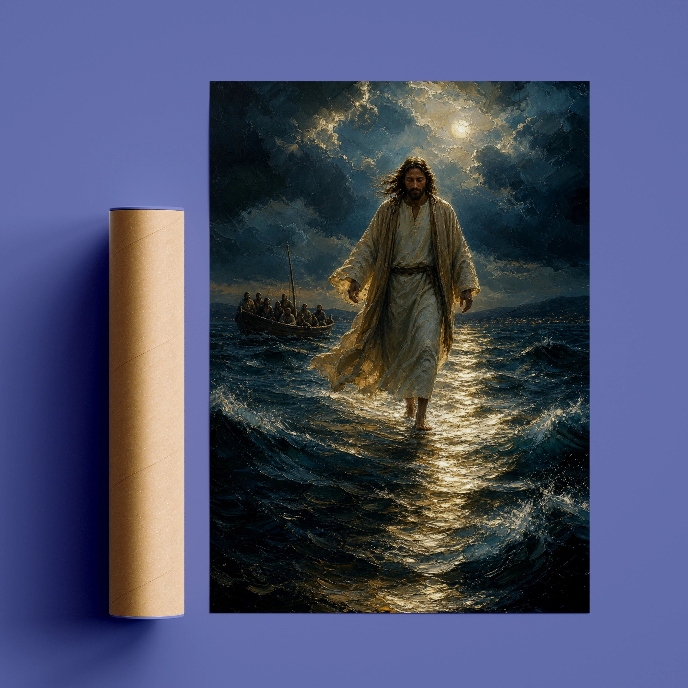 Jesus Walks on Water Poster, Biblical Miracle Wall Art, Christian Faith Print, Stormy Sea