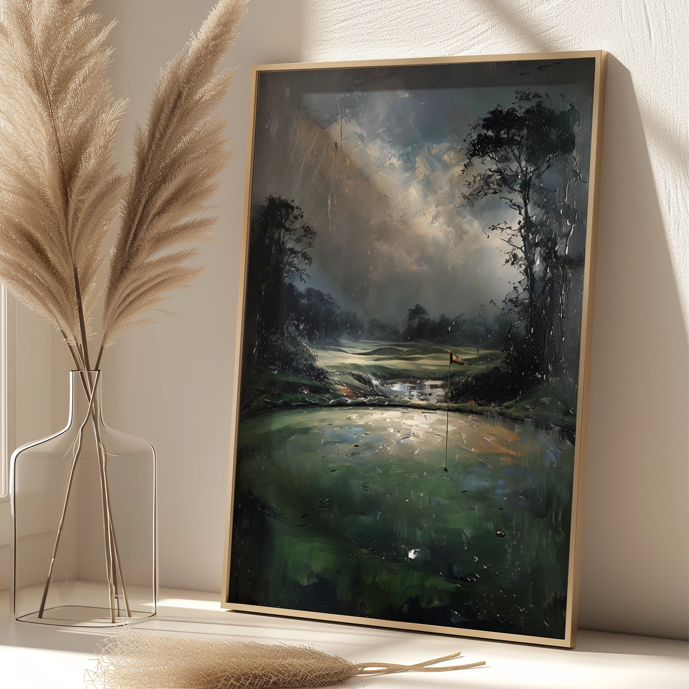 Stormy Golf Green Painting Poster, Moody Course Art Print, Dark Dramatic Wall Decor