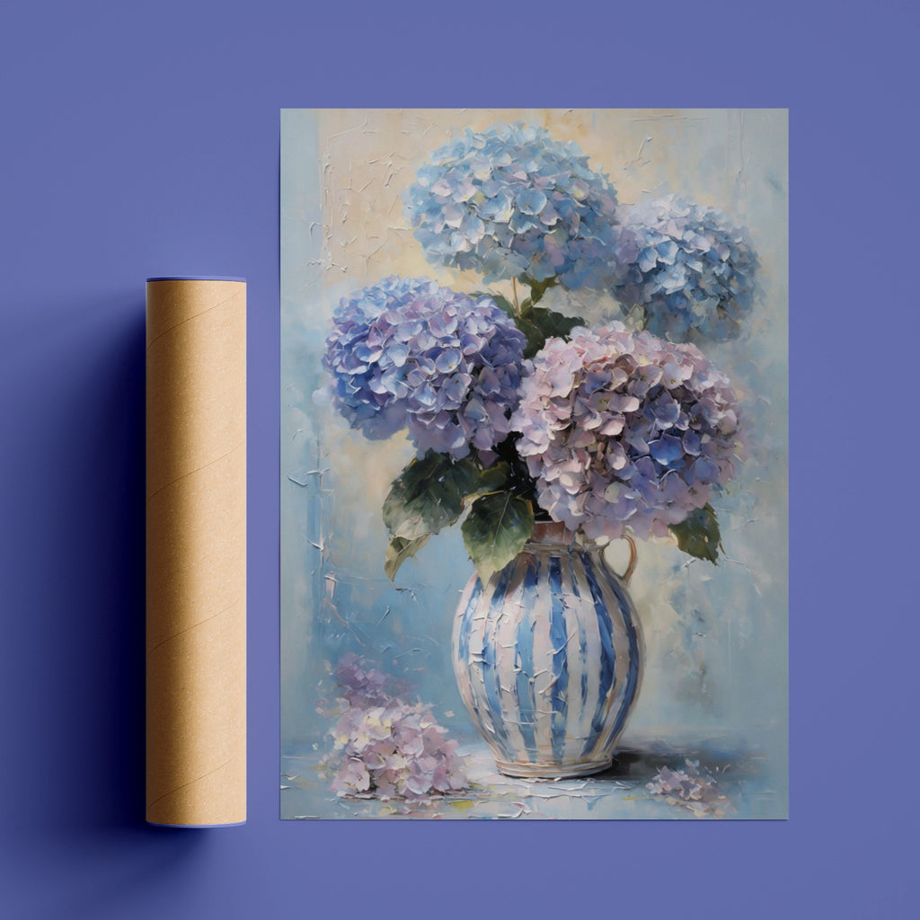 Pastel Hydrangea Floral Poster, Blue Purple Pink Bouquet, Striped Vase Wall Art