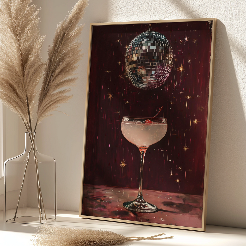 Disco Ball Cocktail Poster, Retro Bar Cart Wall Art, Dark Red Glam Print