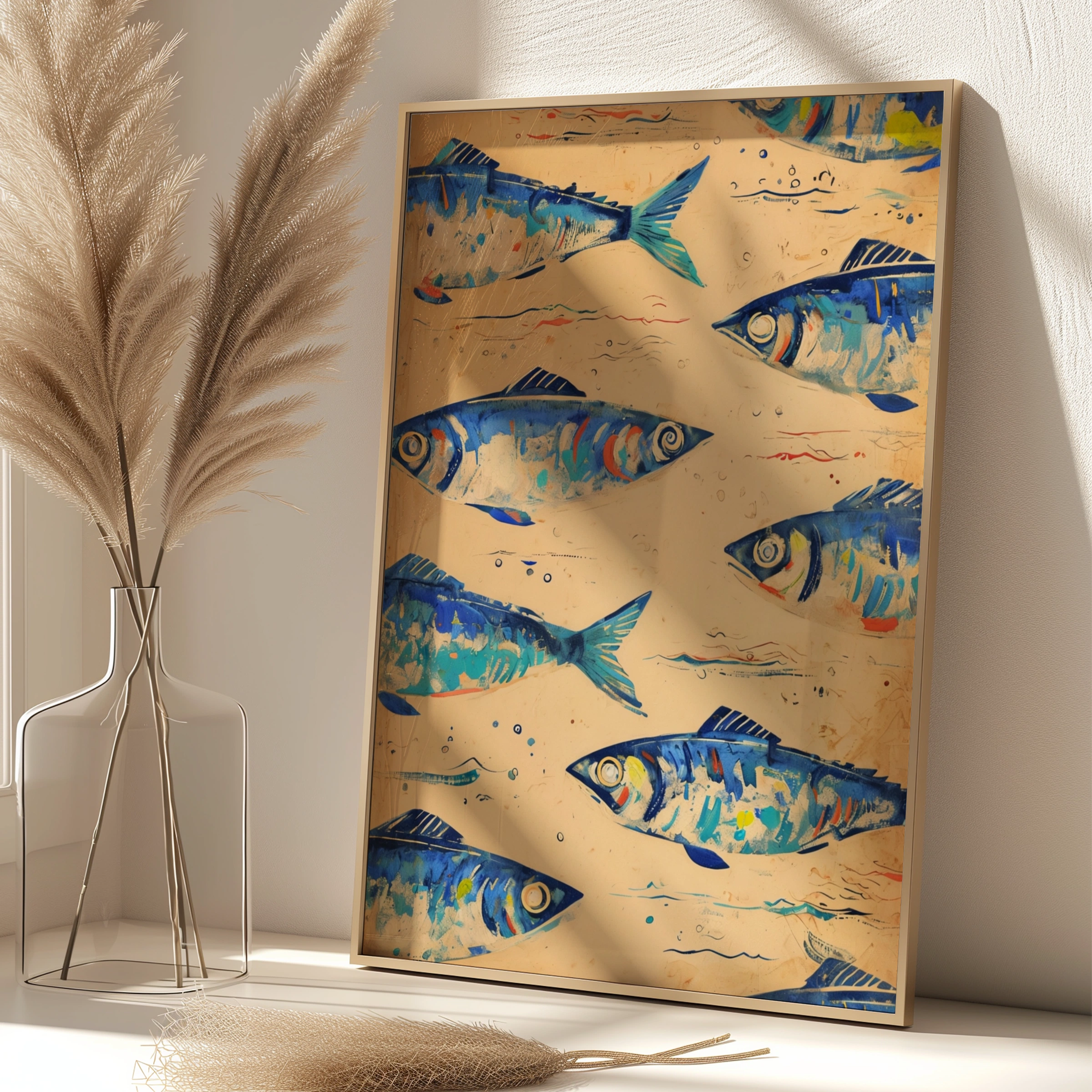 Blue Fish Pattern Poster, Colourful Sardine Wall Art, Nautical Kitchen Print, Coastal Decor