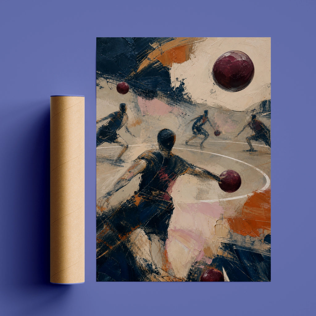 Abstract Dodgeball Art Poster, Sports Wall Art, Navy Blue Expressive Painting Print