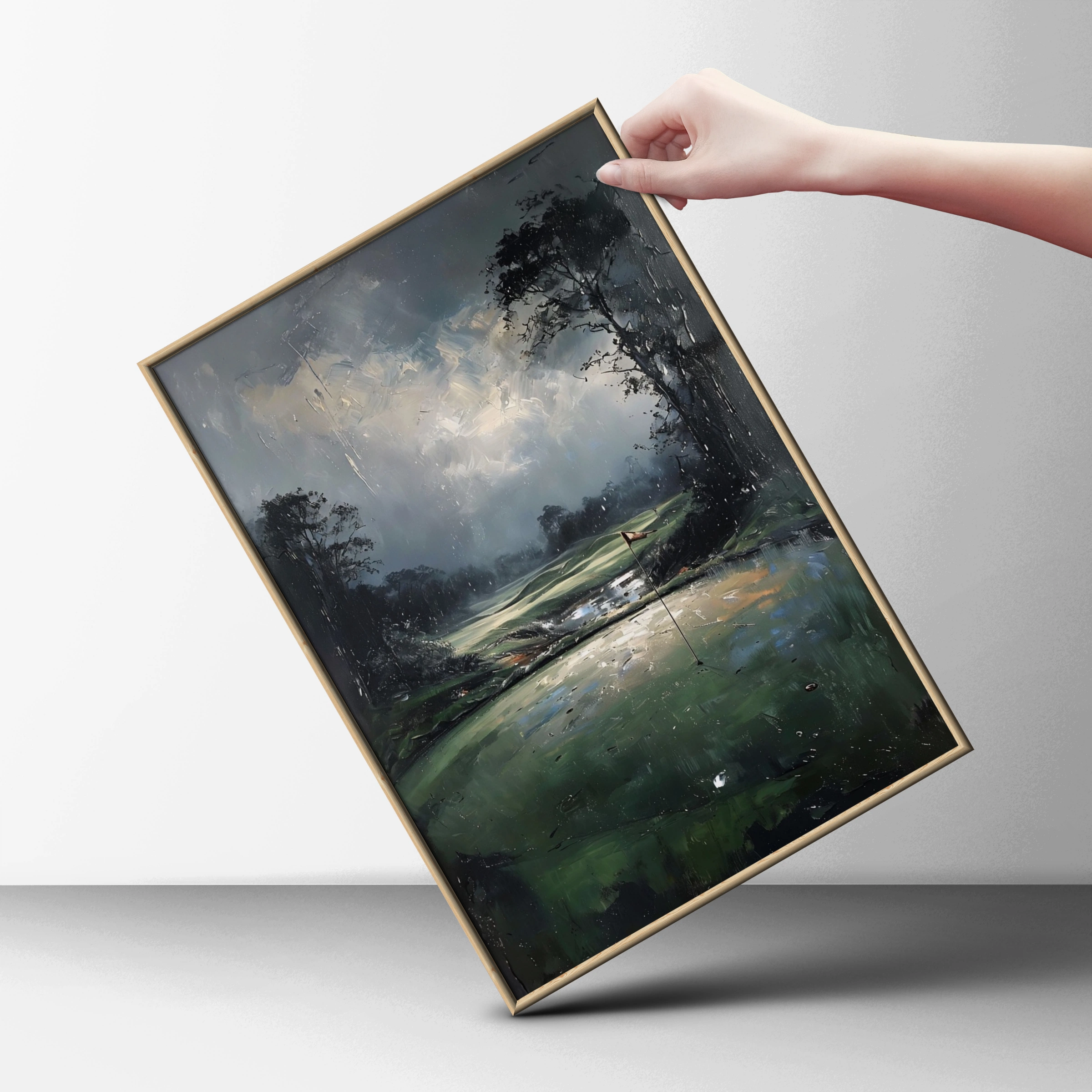 Stormy Golf Green Painting Poster, Moody Course Art Print, Dark Dramatic Wall Decor