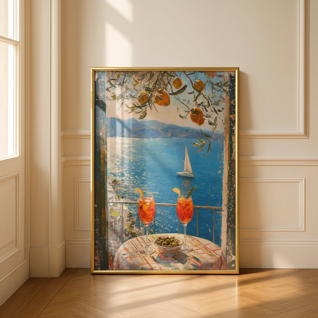 Mediterranean Aperitivo Sea View Poster, Italian Spritz Balcony Wall Art Print